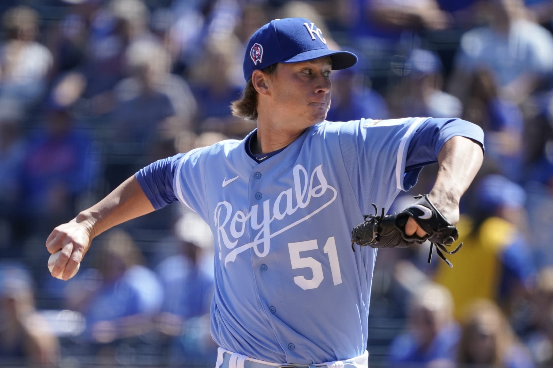KANSAS CITY, MO - SEPTEMBER 11: Starting pitcher Brady Singer #51 of the Kansas City Royals throws in the first inning against the Detroit Tigers at Kauffman Stadium on September 11, 2022 in Kansas City, Missouri. (Photo by Ed Zurga/Getty Images)