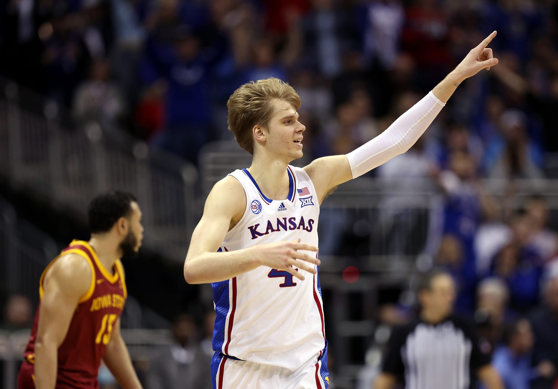 KANSAS CITY, MISSOURI - MARCH 10: Gradey Dick #4 of the Kansas Jayhawks reacts after making a three-pointer during the Big 12 Tournament game against the Iowa State Cyclones at T-Mobile Center on March 10, 2023 in Kansas City, Missouri. (Photo by Jamie Squire/Getty Images)