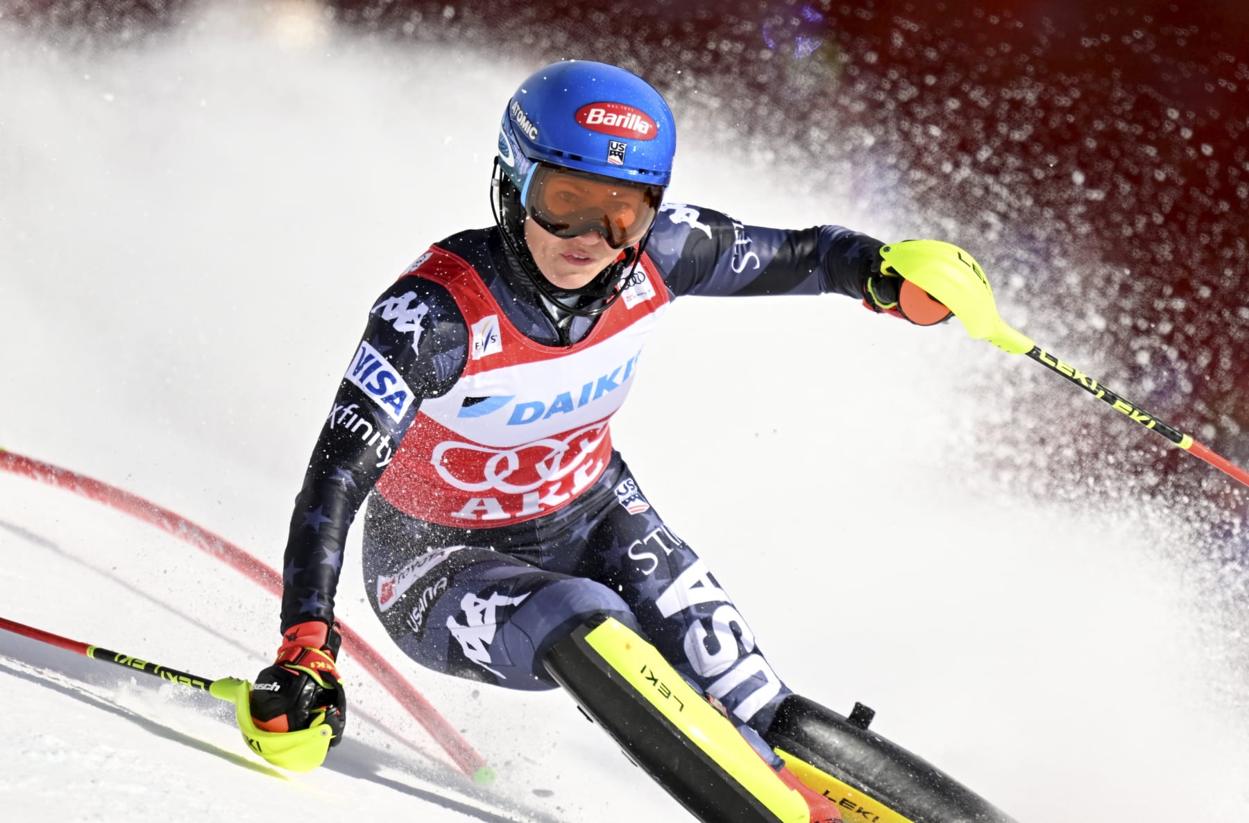 US Mikaela Shiffrin competes during the first run of the women slalom competition during the Alpine World Cup in Are, on March 11, 2023. (Photo by Pontus LUNDAHL / various sources / AFP) / Sweden OUT (Photo by PONTUS LUNDAHL/TT News Agency/AFP via Getty Images)