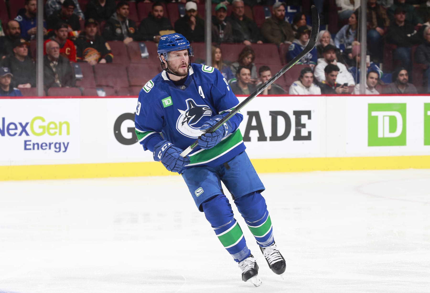 VANCOUVER, CANADA - MARCH 6: J.T. Miller #9 of the Vancouver Canucks skates up the ice during the first period of their NHL game against the Nashville Predators at Rogers Arena March 6, 2023 in Vancouver, British Columbia, Canada. (Photo by Jeff Vinnick/NHLI via Getty Images)