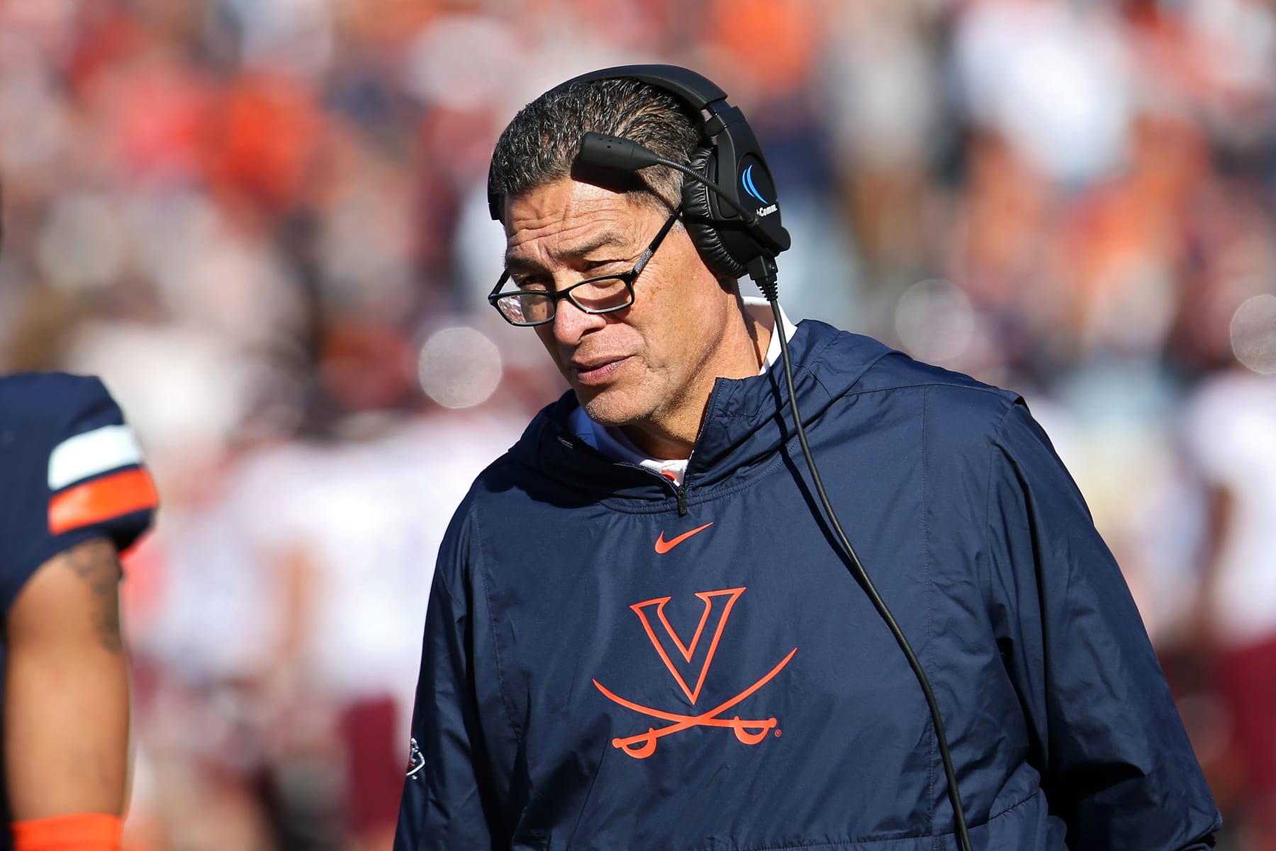CHARLOTTESVILLE, VA - NOVEMBER 29: Offensive coordinator Robert Anae of the Virginia Cavaliers in the first half during a game against the Virginia Tech Hokies at Scott Stadium on November 29, 2019 in Charlottesville, Virginia. (Photo by Ryan M. Kelly/Getty Images)