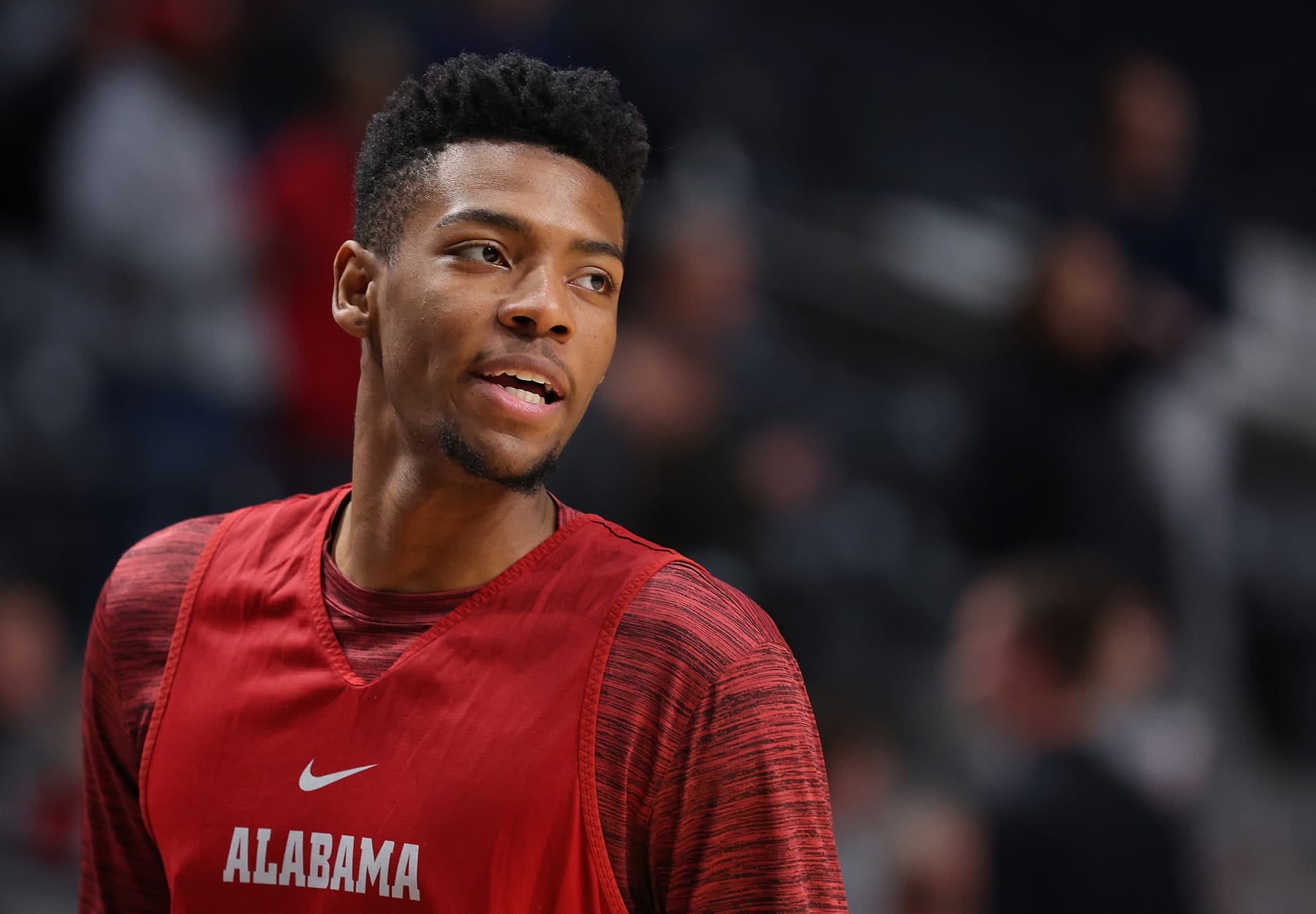 BIRMINGHAM, ALABAMA - MARCH 15:  Brandon Miller #24 o the Alabama Crimson Tide looks on during a practice session ahead of the first round of the NCAA Men's Basketball Tournament at Legacy Arena at the BJCC on March 15, 2023 in Birmingham, Alabama. (Photo by Kevin C. Cox/Getty Images)