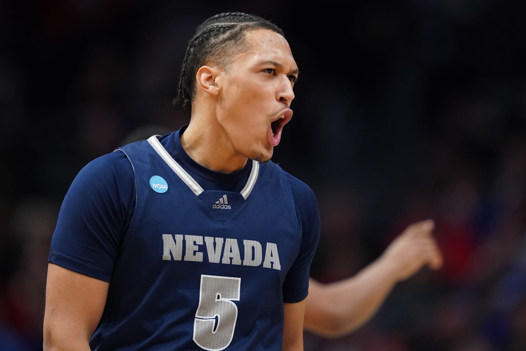 DAYTON, OHIO - MARCH 15: Darrion Williams #5 of the Nevada Wolf Pack reacts after his made basket against the Arizona State Sun Devils during the first half in the First Four game of the NCAA Men's Basketball Tournament at University of Dayton Arena on March 15, 2023 in Dayton, Ohio. (Photo by Dylan Buell/Getty Images)