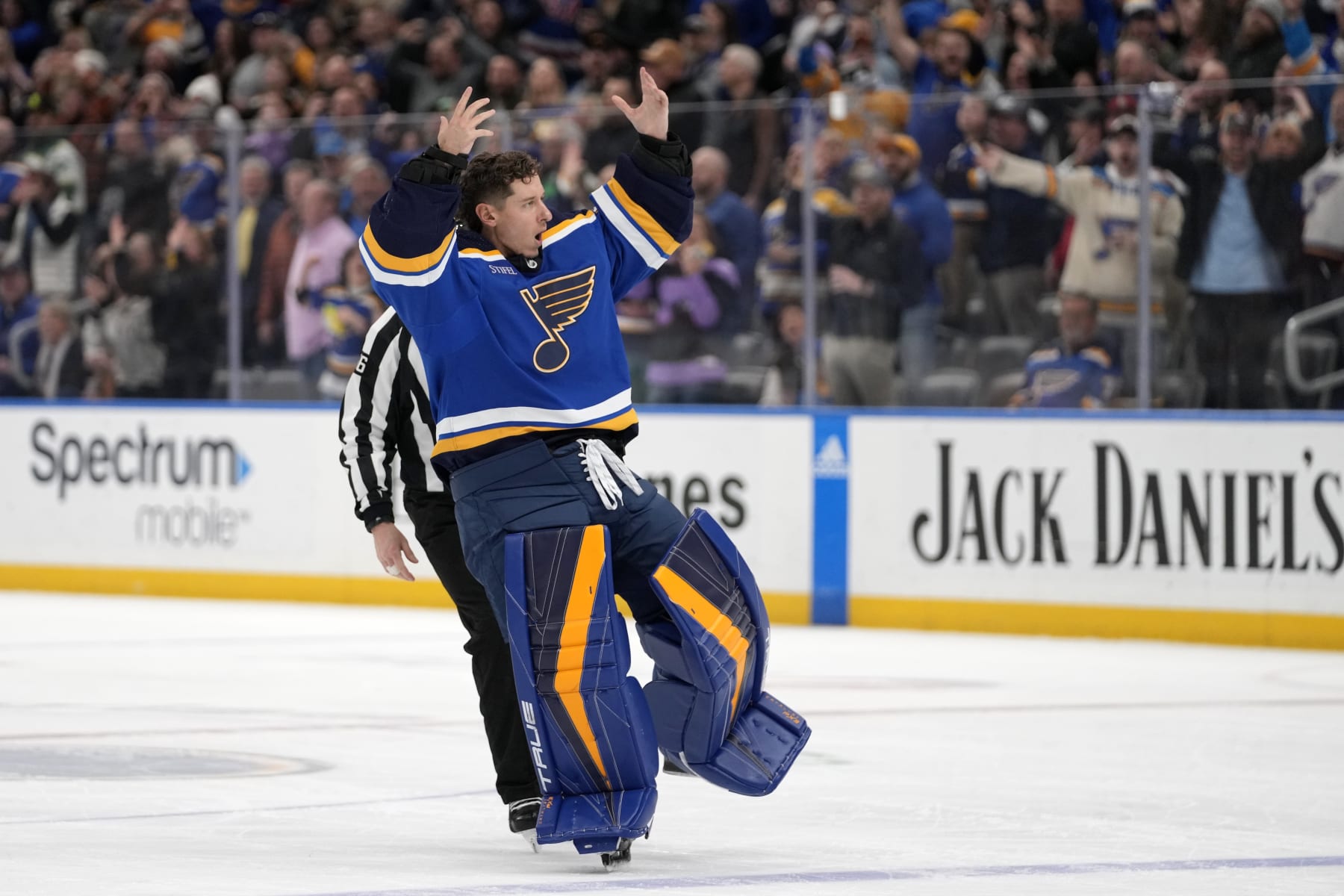 St. Louis Blues goaltender Jordan Binnington reacts after receiving a penalty during the second period of an NHL hockey game against the Minnesota Wild Wednesday, March 15, 2023, in St. Louis. (AP Photo/Jeff Roberson)
