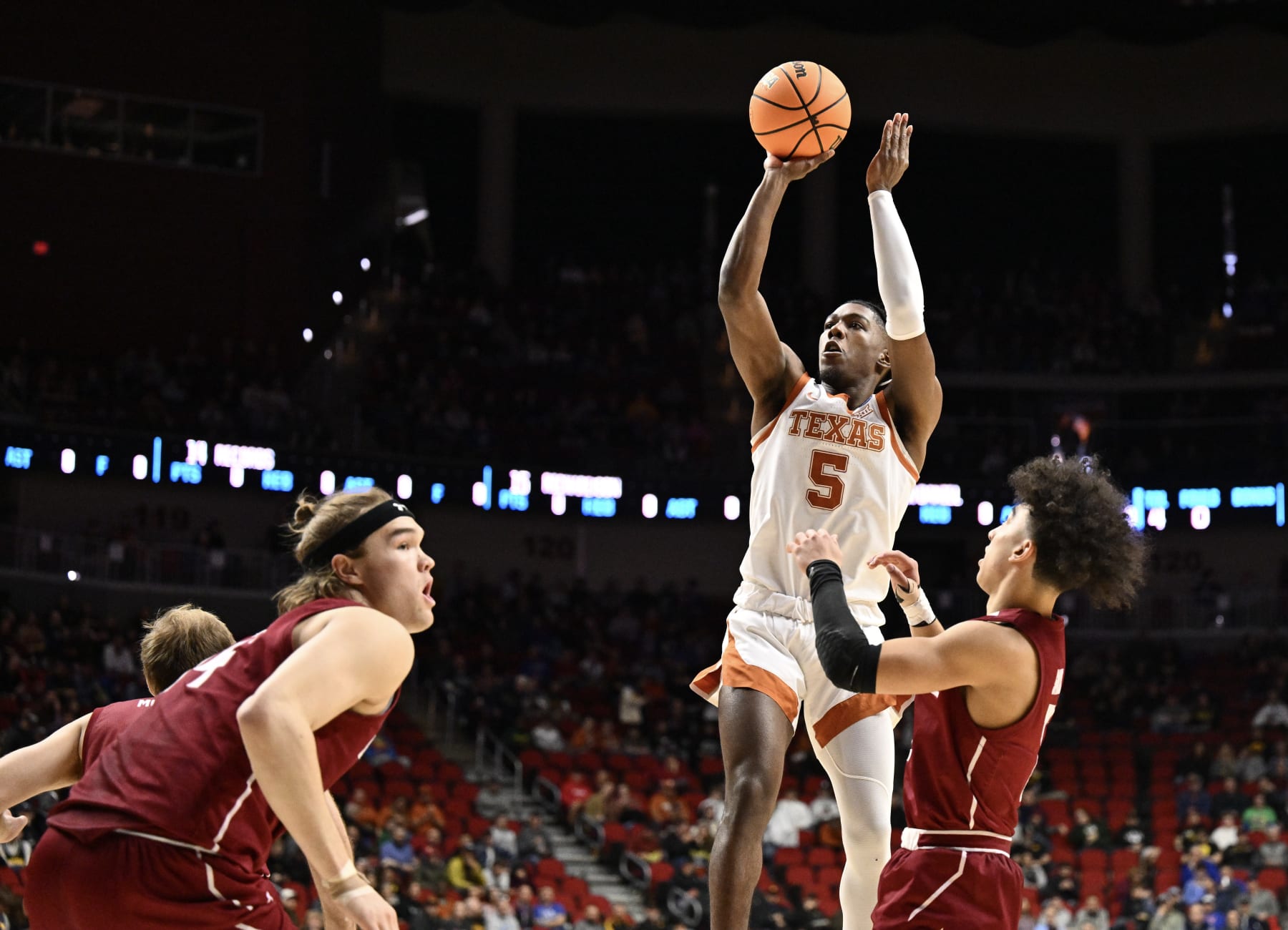 DES MOINES, IA - MARCH 16: Marcus Carr #5 of the Texas Longhorns shoots against the Colgate Raiders during the first round of the 2023 NCAA Men's Basketball Tournament held at Wells Fargo Arena on March 16, 2023 in Des Moines, Iowa. (Photo by Jamie Sabau/NCAA Photos via Getty Images)