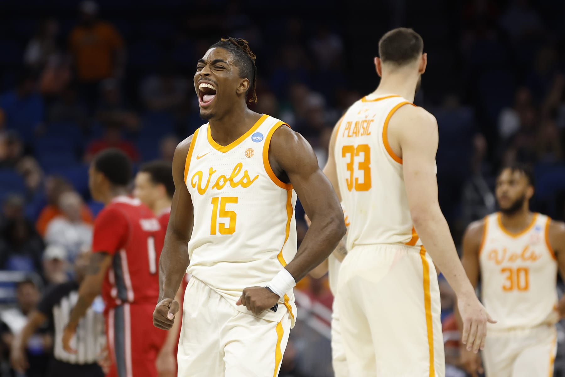 ORLANDO, FLORIDA - MARCH 16: Jahmai Mashack #15 of the Tennessee Volunteers reacts during the second half in the first round of the NCAA Men's Basketball Tournament against the Louisiana Lafayette Ragin Cajuns at Amway Center on March 16, 2023 in Orlando, Florida. (Photo by Mike Ehrmann/Getty Images)