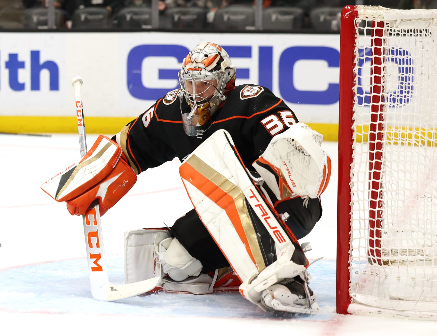 ANAHEIM, CALIFORNIA - MARCH 03: John Gibson #36 of the Anaheim Ducks in goal during a 3-2 Ducks win over the Montreal Canadiens at Honda Center on March 03, 2023 in Anaheim, California. (Photo by Harry How/Getty Images)