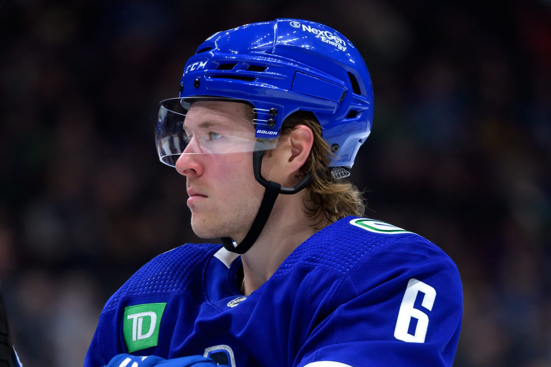 VANCOUVER, BC - MARCH 08: Vancouver Canucks right wing Brock Boeser (6) waits for a face-off during their NHL game against the Anaheim Ducks at Rogers Arena on March 8, 2023 in Vancouver, British Columbia, Canada. (Photo by Derek Cain/Icon Sportswire via Getty Images)
