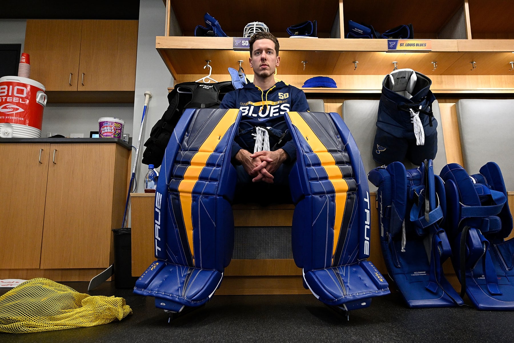 ST. LOUIS, MO - MARCH 15: Jordan Binnington #50 of the St. Louis Blues before warmups against the Minnesota Wild at the Enterprise Center on March 15, 2023 in St. Louis, Missouri. (Photo by Scott Rovak/NHLI via Getty Images)