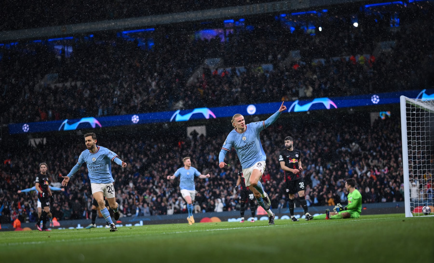 MANCHESTER, ENGLAND - MARCH 14: Erling Haaland of Manchester City celebrates scoring his 2nd goal during the UEFA Champions League round of 16 leg two match between Manchester City and RB Leipzig at Etihad Stadium on March 14, 2023 in Manchester, England. (Photo by Michael Regan - UEFA/UEFA via Getty Images)