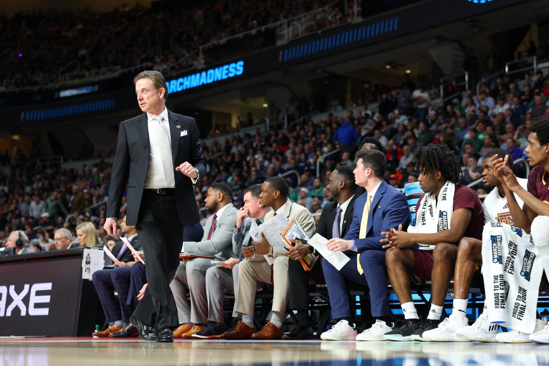 ALBANY, NY - MARCH 17: head coach Rick Pitino of the Iona Gaels walks the sidelines during the first half against the Connecticut Huskies during the first round of the 2022 NCAA Men's Basketball Tournament held at MVP Arena on March 17, 2023 in Albany, New York. (Photo by C. Morgan Engel/NCAA Photos via Getty Images)