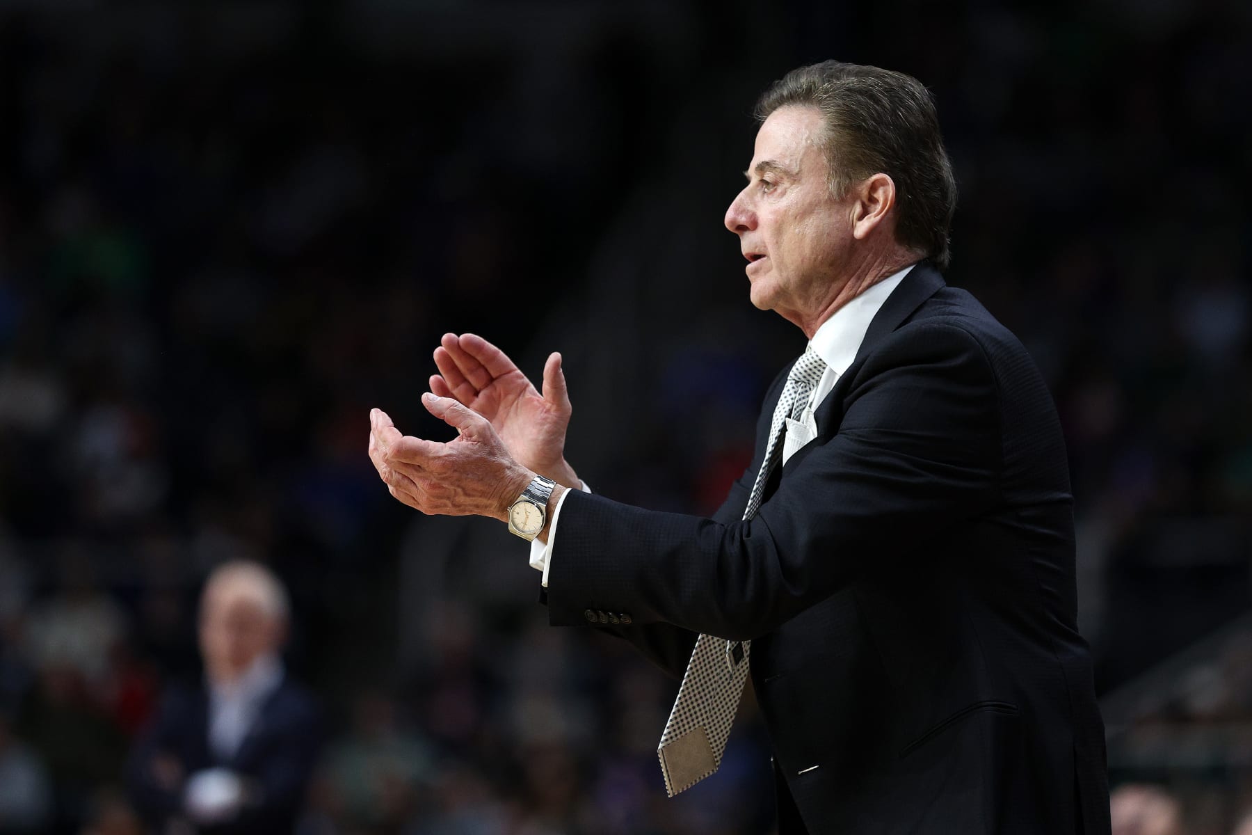 ALBANY, NEW YORK - MARCH 17: Head coach Rick Pitino of the Iona Gaels reacts in the first half against the Connecticut Huskies during the first round of the NCAA Men's Basketball Tournament at MVP Arena on March 17, 2023 in Albany, New York. (Photo by Rob Carr/Getty Images)
