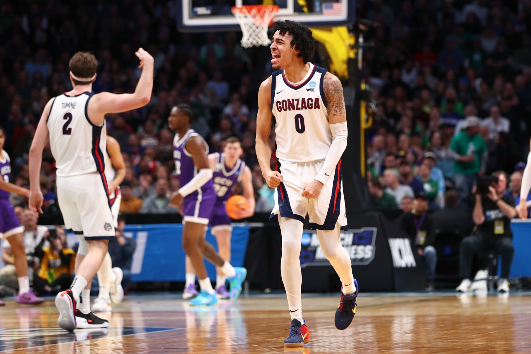 DENVER, CO - MARCH 17: Julian Strawther #0 of the Gonzaga Bulldogs reacts after a play against the Grand Canyon Antelopes during the first round of the 2022 NCAA Men's Basketball Tournament held at Ball Arena on March 17, 2023 in Denver, Colorado. (Photo by Jamie Schwaberow/NCAA Photos via Getty Images)