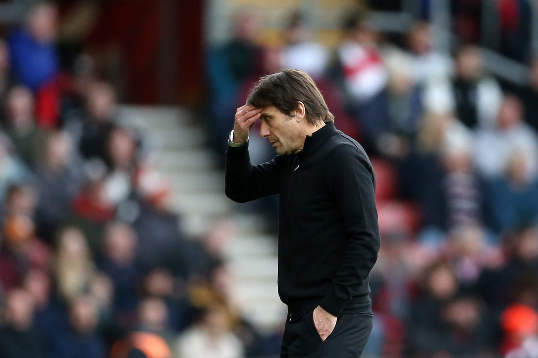 SOUTHAMPTON, ENGLAND - MARCH 18: Antonio Conte, Manager of Tottenham Hotspur, reacts after Theo Walcott (not pictured) of Southampton scores the team's second goal during the Premier League match between Southampton FC and Tottenham Hotspur at Friends Provident St. Mary's Stadium on March 18, 2023 in Southampton, England. (Photo by Tottenham Hotspur FC/Tottenham Hotspur FC via Getty Images)