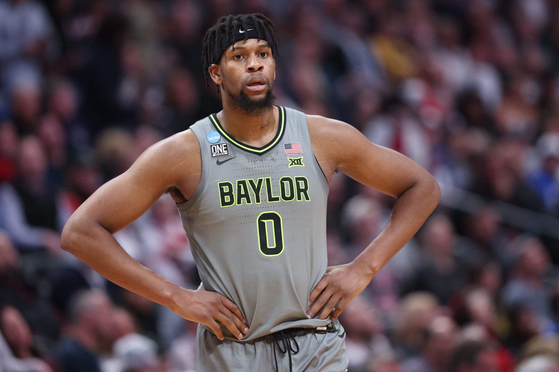 DENVER, COLORADO - MARCH 19: Flo Thamba #0 of the Baylor Bears looks on during the second half against the Creighton Bluejays in the second round of the NCAA Men's Basketball Tournament at Ball Arena on March 19, 2023 in Denver, Colorado. (Photo by Sean M. Haffey/Getty Images)