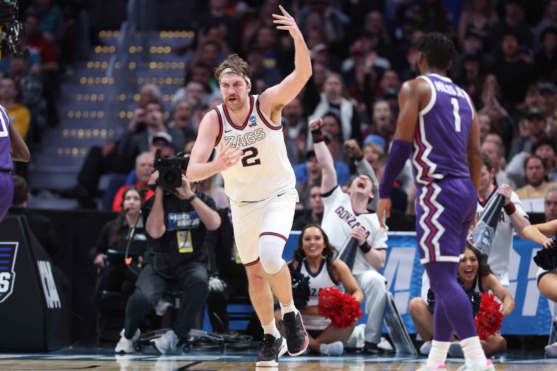 DENVER, COLORADO - MARCH 19: Drew Timme #2 of the Gonzaga Bulldogs reacts after a score during the second half against the TCU Horned Frogs in the second round of the NCAA Men's Basketball Tournament at Ball Arena on March 19, 2023 in Denver, Colorado. (Photo by Sean M. Haffey/Getty Images) DENVER, COLORADO - MARCH 19: Drew Timme #2 of the Gonzaga Bulldogs reacts after a score during the second half against the TCU Horned Frogs in the second round of the NCAA Men's Basketball Tournament at Ball Arena on March 19, 2023 in Denver, Colorado. (Photo by Sean M. Haffey/Getty Images)