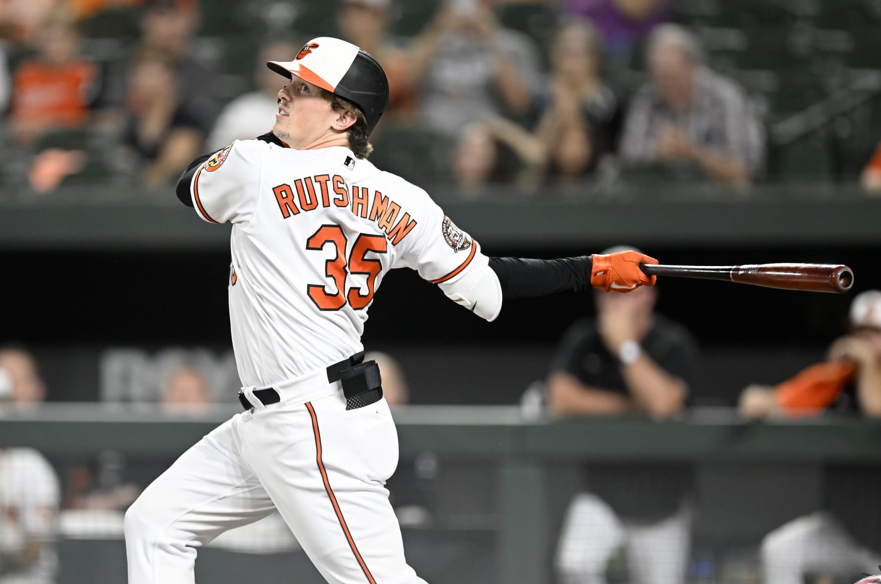 BALTIMORE, MARYLAND - SEPTEMBER 21: Adley Rutschman #35 of the Baltimore Orioles bats against the Detroit Tigers at Oriole Park at Camden Yards on September 21, 2022 in Baltimore, Maryland. (Photo by G Fiume/Getty Images)