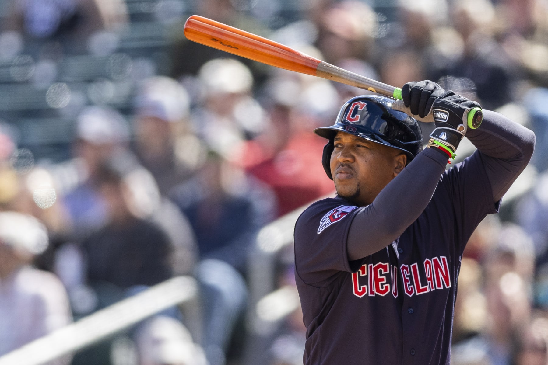 CLEVELAND, OH - FEBRUARY 26: Jose Ramirez #11 of the Cleveland Guardians bats during the game between the Texas Rangers and the Cleveland Guardians at Progressive Field on Sunday, February 26, 2023 in Cleveland, Ohio. (Photo by Adam Glanzman/MLB Photos via Getty Images)