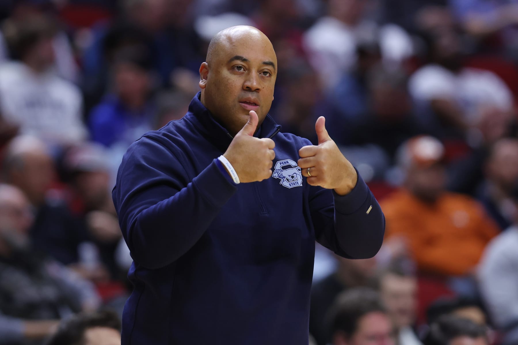 DES MOINES, IOWA - MARCH 18: Head coach Micah Shrewsberry of the Penn State Nittany Lions gestures against the Texas Longhorns during the first half in the second round of the NCAA Men's Basketball Tournament at Wells Fargo Arena on March 18, 2023 in Des Moines, Iowa. (Photo by Michael Reaves/Getty Images)