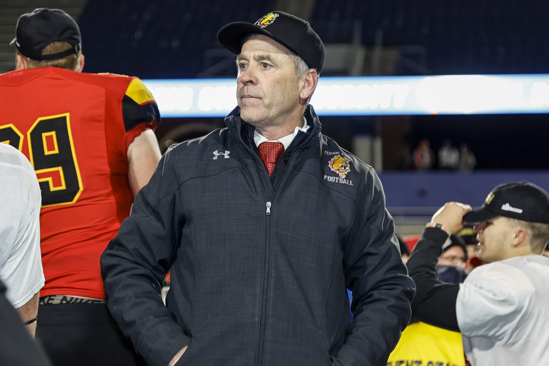 MCKINNEY, TX - DECEMBER 18: Ferris State Bulldogs head coach Tony Annese waits for the trophy presentation after the Division II Football Championship game between the Valdosta State Blazers and the Ferris State Bulldogs on December 18, 2021 at McKinney ISD Stadium in McKinney, Texas. (Photo by Matthew Pearce/Icon Sportswire via Getty Images)