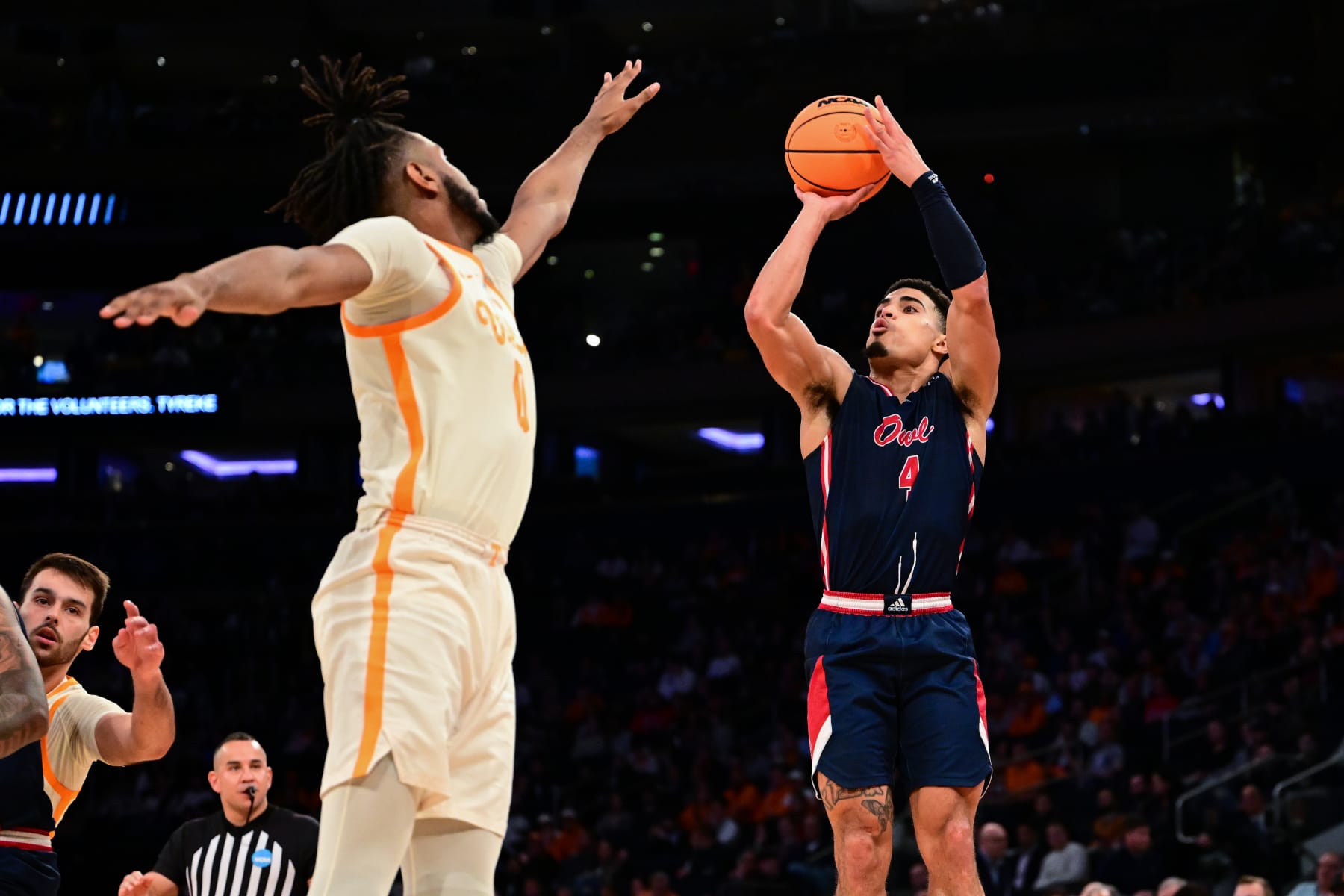 NEW YORK, NEW YORK - MARCH 23: Bryan Greenlee #4 of the Florida Atlantic Owls attempts a three pointer during the second half of the game against the Tennessee Volunteers during the Sweet Sixteen round of the 2023 NCAA Men's Basketball Tournament held at Madison Square Garden on March 23, 2023 in New York City. (Photo by Ben Solomon/NCAA Photos via Getty Images)