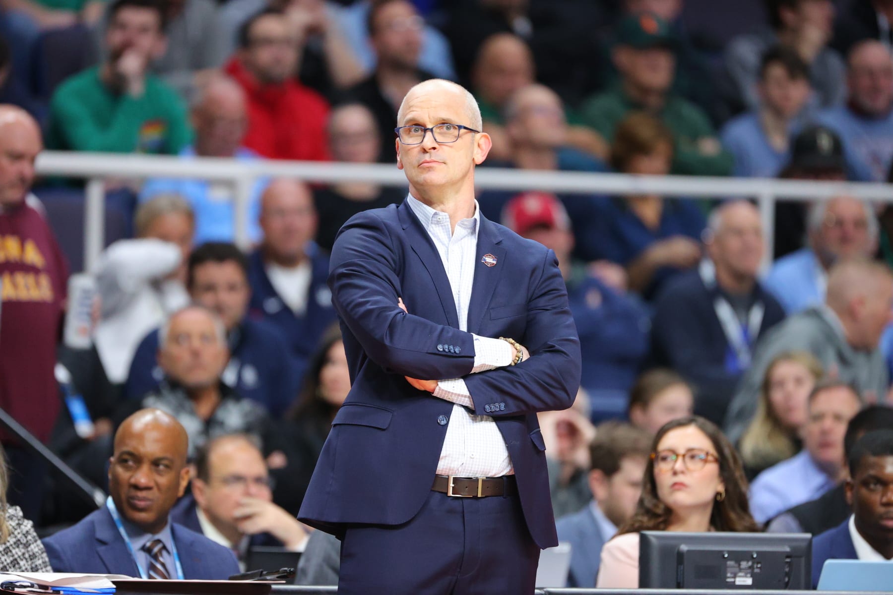 ALBANY, NY - MARCH 17: Head coach Dan Hurley of the Connecticut Huskies looks on during the first half against the Iona Gaels during the first round of the 2023 NCAA Men's Basketball Tournament held at MVP Arena on March 17, 2023 in Albany, New York. (Photo by C. Morgan Engel/NCAA Photos via Getty Images)