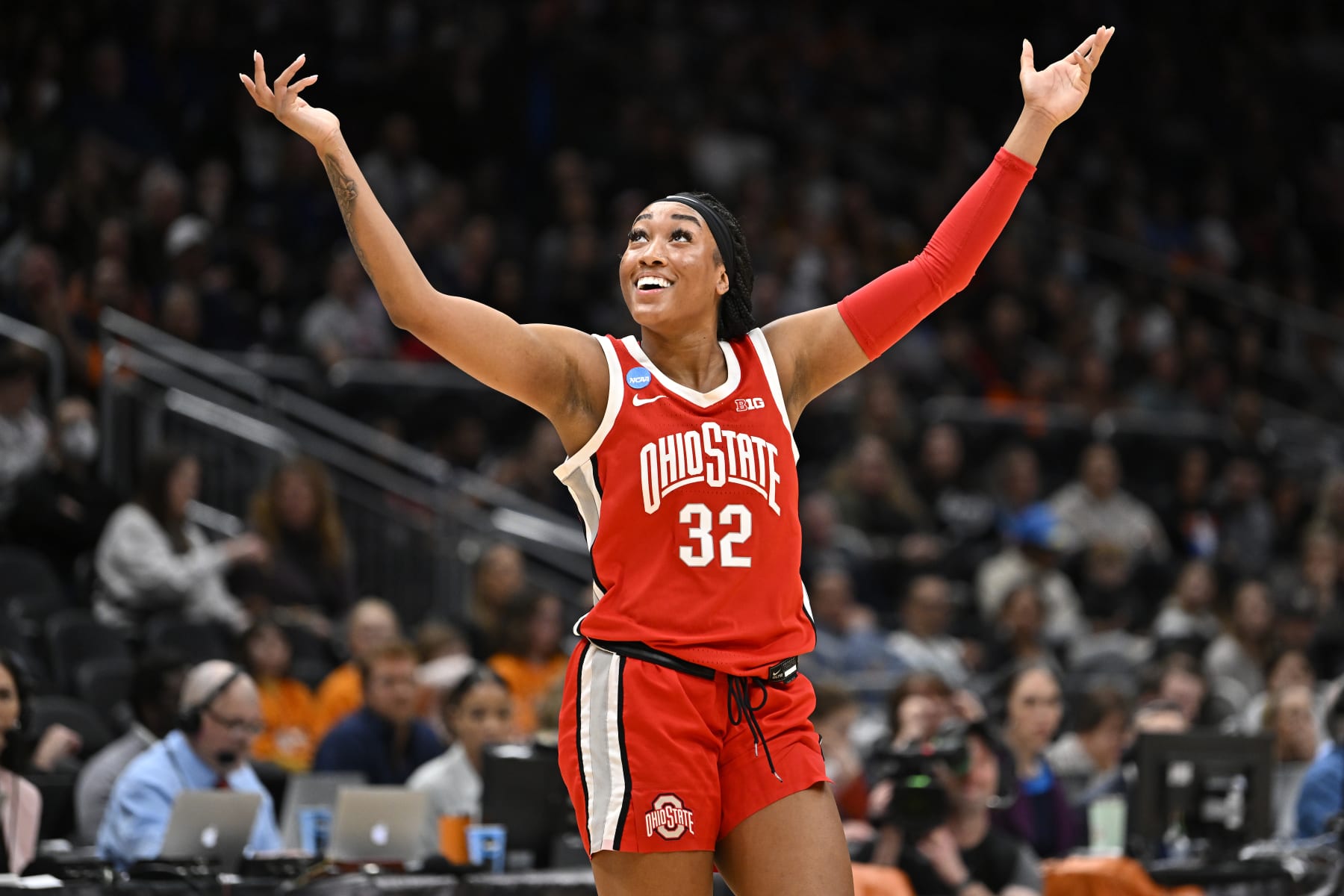 SEATTLE, WASHINGTON - MARCH 25: Cotie McMahon #32 of the Ohio State Buckeyes reacts during the second quarter against the UConn Huskies in the Sweet 16 round of the NCAA Women's Basketball Tournament at Climate Pledge Arena on March 25, 2023 in Seattle, Washington. (Photo by Alika Jenner/Getty Images)
