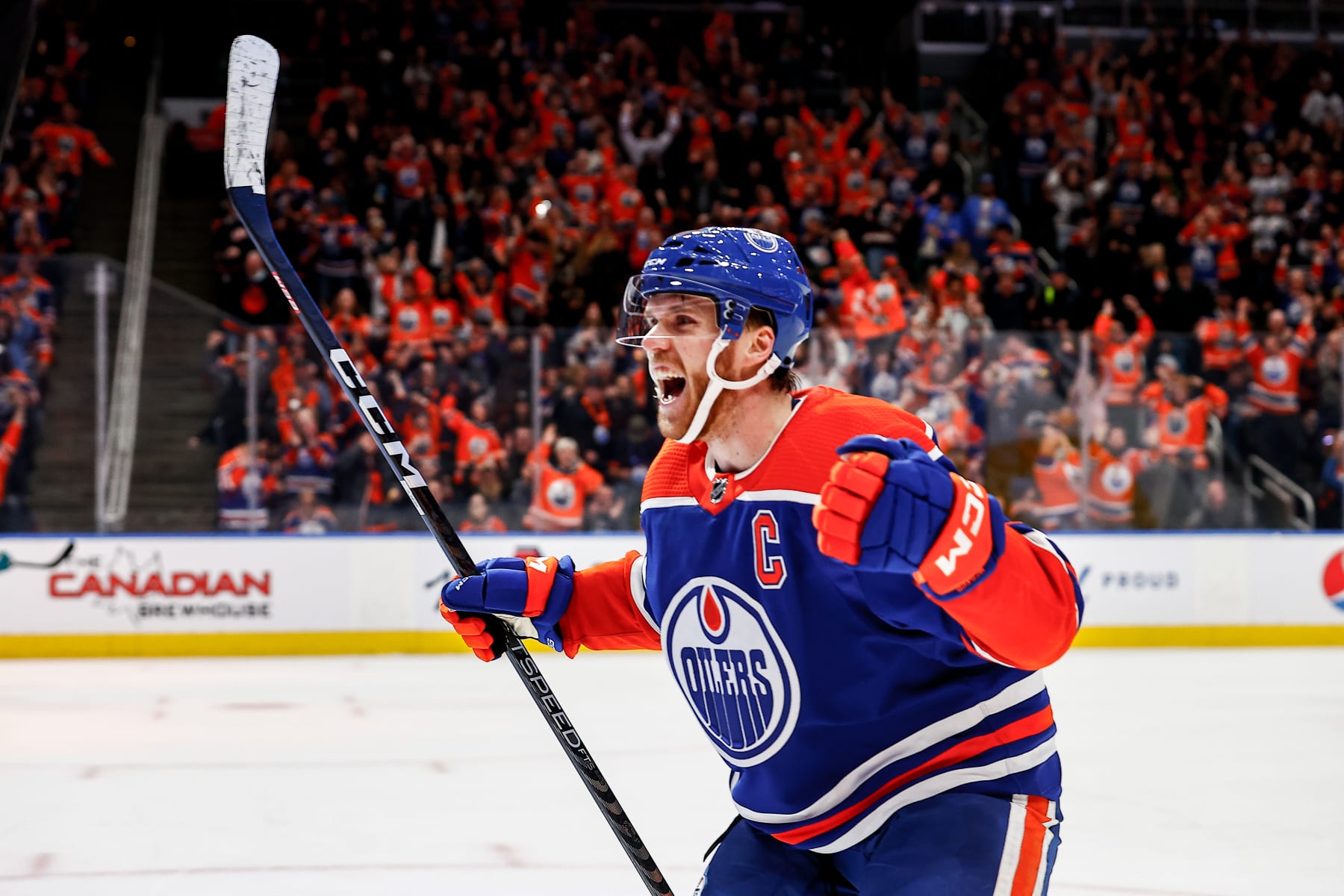 EDMONTON, AB - MARCH 20: Edmonton Oilers Center Connor McDavid (97) celebrates a goal scored by Edmonton Oilers Defenceman Mattias Ekholm (14) in the third period of the Edmonton Oilers game versus the San Jose Sharks on March 20, 2023 at Rogers Place in Edmonton, AB. (Photo by Curtis Comeau/Icon Sportswire via Getty Images)