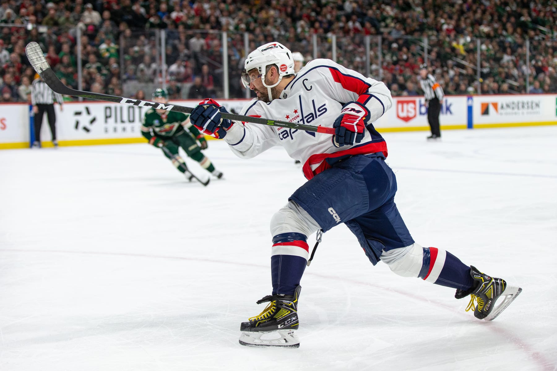 SAINT PAUL, MN - MARCH 19: Washington Capitals left wing Alex Ovechkin (8) shoots the puck during the NHL game between the Washington Capitals and Minnesota Wild, on March 19th, 2023, at the Xcel Energy Center in Saint Paul, MN. (Photo by Bailey Hillesheim/Icon Sportswire via Getty Images)