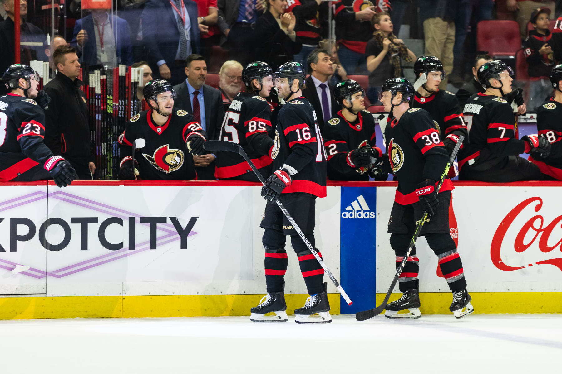 OTTAWA, ON - MARCH 23: Ottawa Senators Right Wing Austin Watson (16) celebrates his goal followed by Winger Patrick Brown (38) during third period National Hockey League action between the Tampa Bay Lightning and Ottawa Senators on March 23, 2023, at Canadian Tire Centre in Ottawa, ON, Canada. (Photo by Richard A. Whittaker/Icon Sportswire via Getty Images)