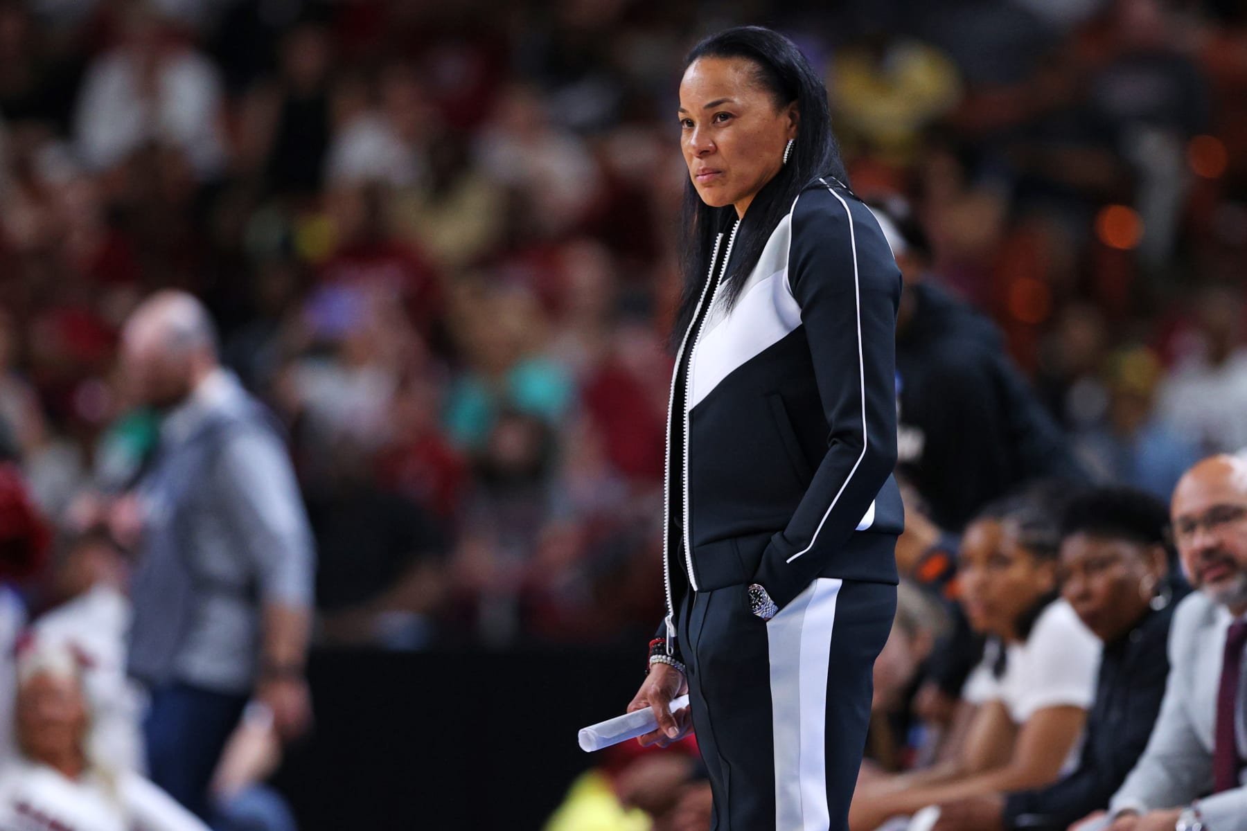 GREENVILLE, SOUTH CAROLINA - MARCH 25: Head coach Dawn Staley of the South Carolina Gamecocks  looks on during the first half against the UCLA Bruins in the Sweet 16 round of the NCAA Women's Basketball Tournament at Bon Secours Wellness Arena on March 25, 2023 in Greenville, South Carolina. (Photo by Maddie Meyer/Getty Images)