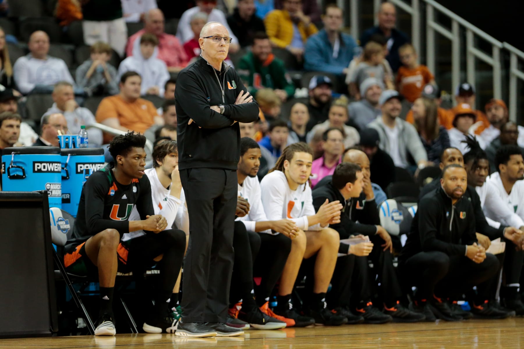 KANSAS CITY, MO - MARCH 24: Head coach Jim Larranaga of the Miami Hurricanes watches his team in action against the Houston Cougars during the Sweet Sixteen round of the 2023 NCAA Men's Basketball Tournament Midwest Regionals held at T-Mobile Center on March 24, 2023 in Kansas City, Missouri. (Photo by Evert Nelson/NCAA Photos via Getty Images)