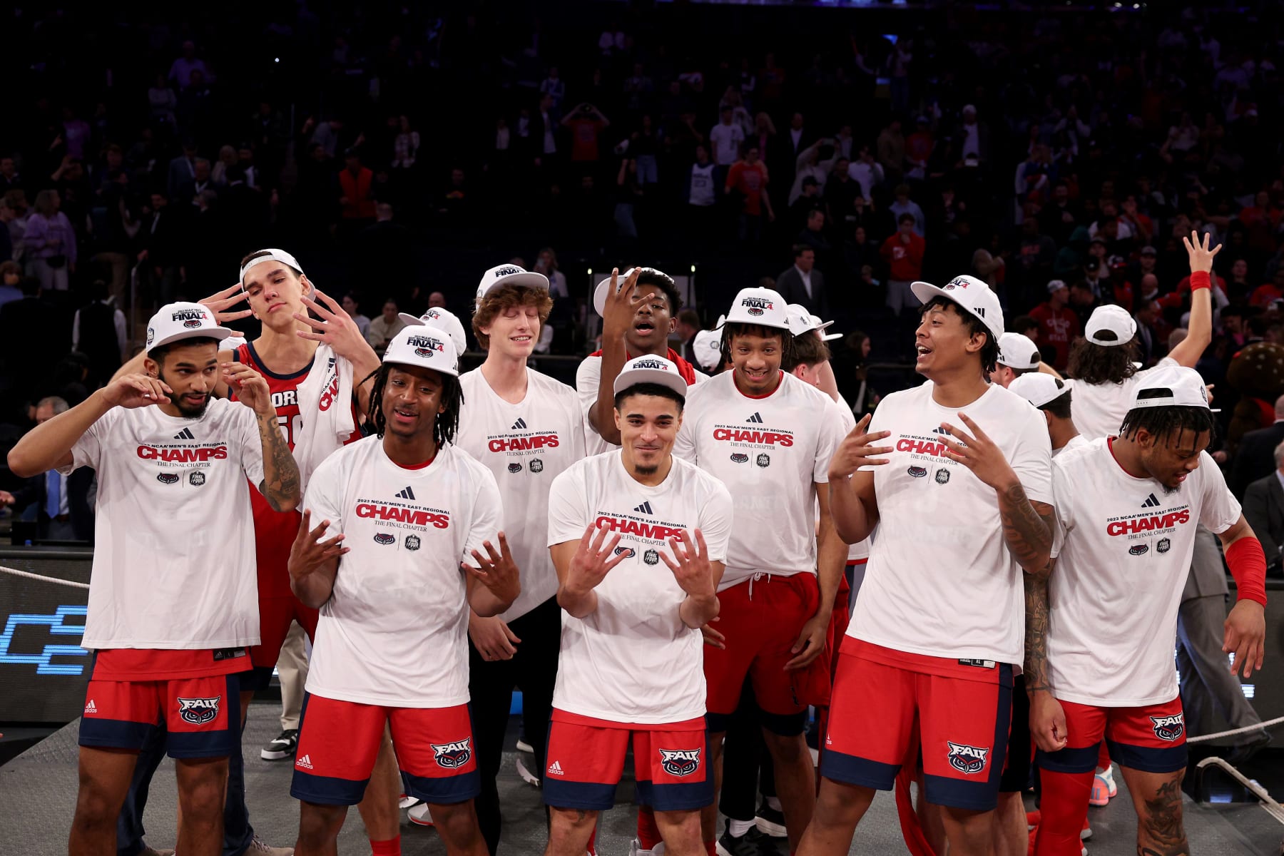 NEW YORK, NEW YORK - MARCH 25: The Florida Atlantic Owls celebrate after defeating the Kansas State Wildcats in the Elite Eight round game of the NCAA Men's Basketball Tournament at Madison Square Garden on March 25, 2023 in New York City. (Photo by Elsa/Getty Images)