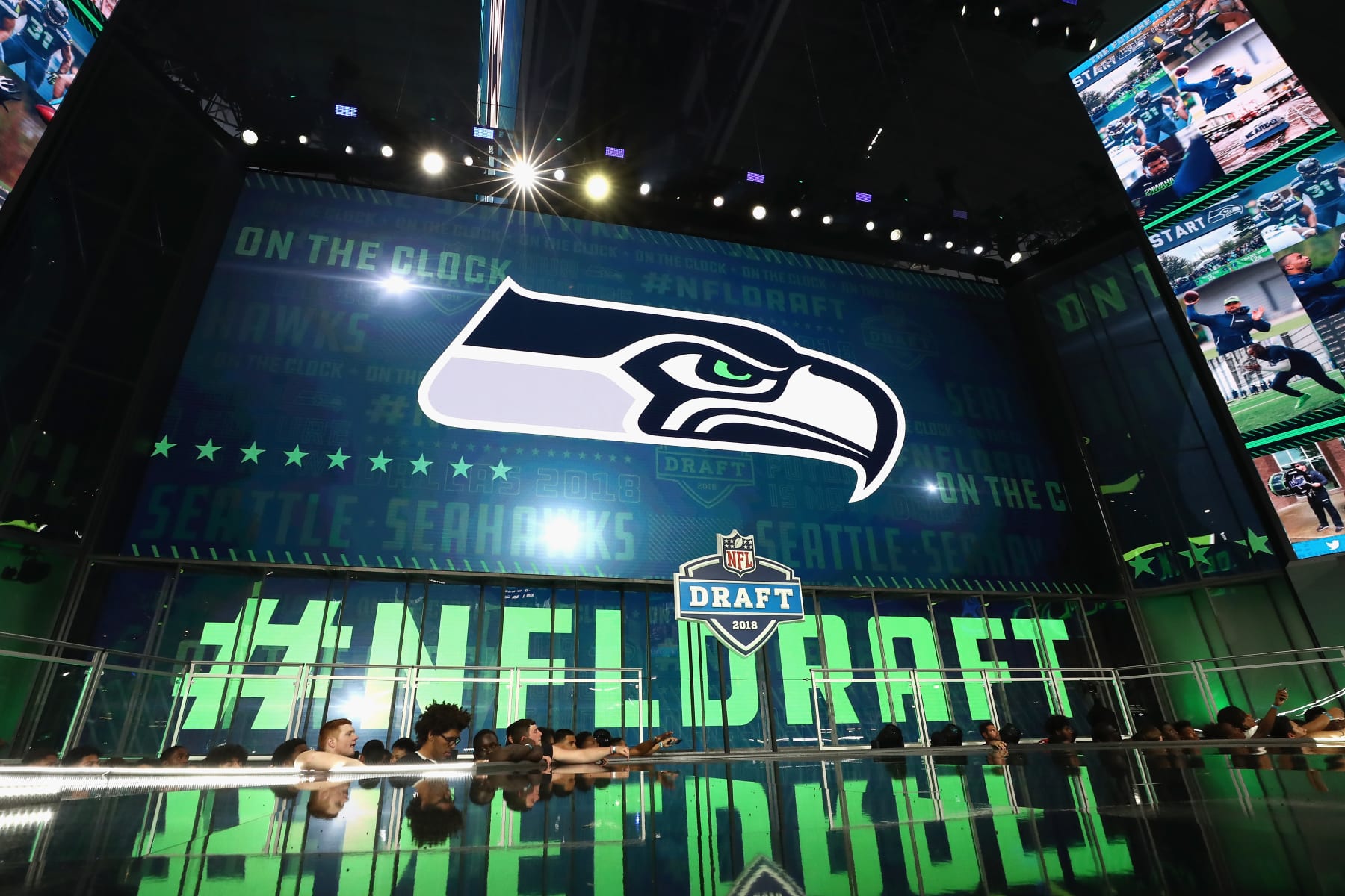 ARLINGTON, TX - APRIL 26: The Seattle Seahawks logo is seen on a video board during the first round of the 2018 NFL Draft at AT&T Stadium on April 26, 2018 in Arlington, Texas. (Photo by Ronald Martinez/Getty Images) ARLINGTON, TX - APRIL 26: The Seattle Seahawks logo is seen on a video board during the first round of the 2018 NFL Draft at AT&T Stadium on April 26, 2018 in Arlington, Texas. (Photo by Ronald Martinez/Getty Images)