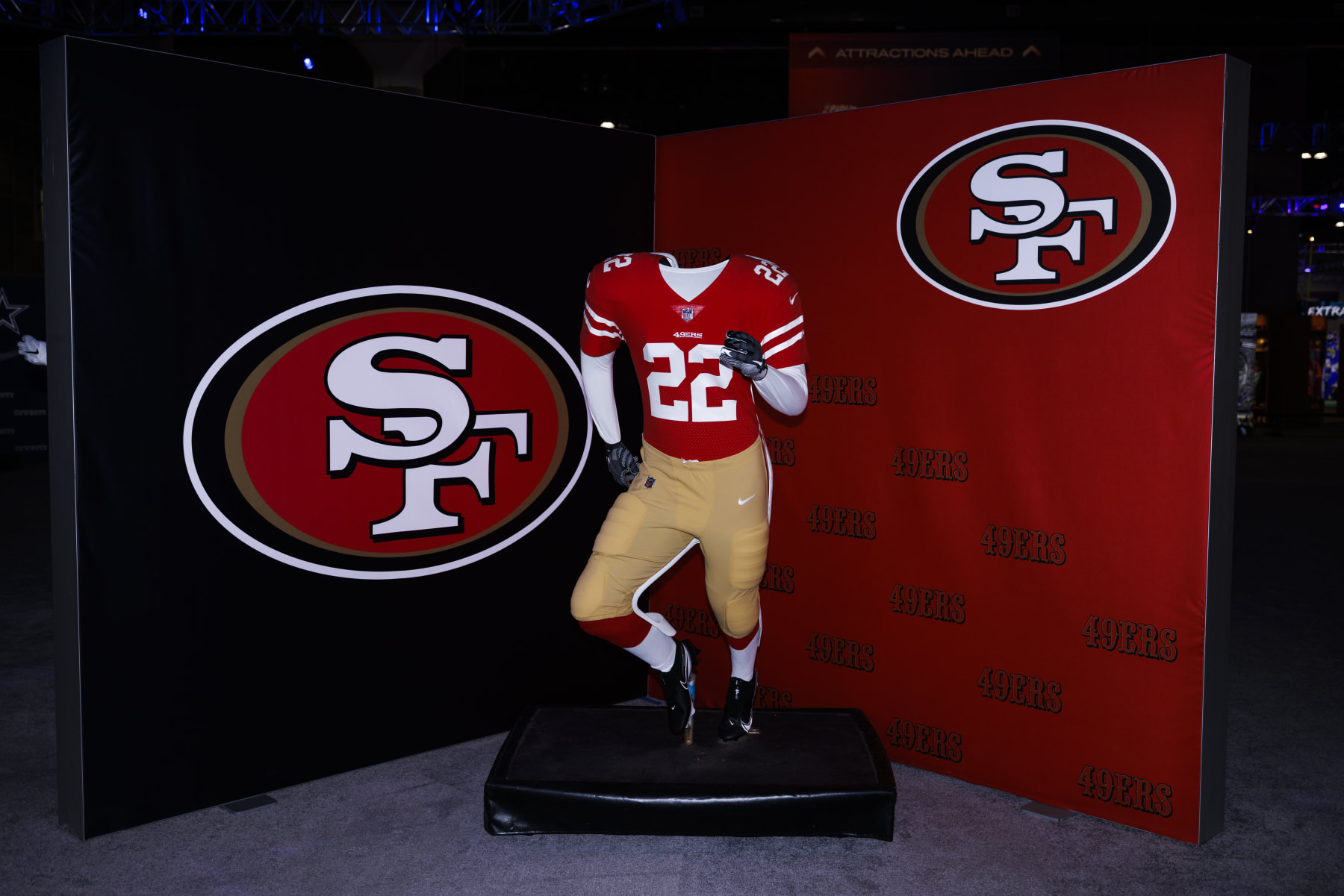LOS ANGELES, CA - FEBRUARY 08: Detail view of the San Francisco 49ers uniform and logo seen at the Super Bowl Experience on February 08, 2022, at the Los Angeles Convention Center in Los Angeles, CA. (Photo by Ric Tapia/Icon Sportswire via Getty Images) LOS ANGELES, CA - FEBRUARY 08: Detail view of the San Francisco 49ers uniform and logo seen at the Super Bowl Experience on February 08, 2022, at the Los Angeles Convention Center in Los Angeles, CA. (Photo by Ric Tapia/Icon Sportswire via Getty Images)