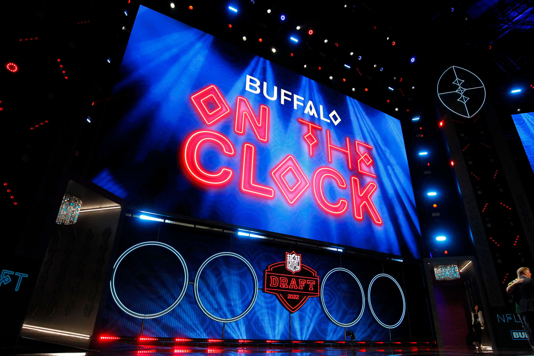LAS VEGAS, NV - APRIL 28: The Buffalo Bills are on the clock with the number 23 pick of the first round during the NFL Draft on April 28, 2022 in Las Vegas, Nevada. (Photo by Jeff Speer/Icon Sportswire via Getty Images) LAS VEGAS, NV - APRIL 28: The Buffalo Bills are on the clock with the number 23 pick of the first round during the NFL Draft on April 28, 2022 in Las Vegas, Nevada. (Photo by Jeff Speer/Icon Sportswire via Getty Images)