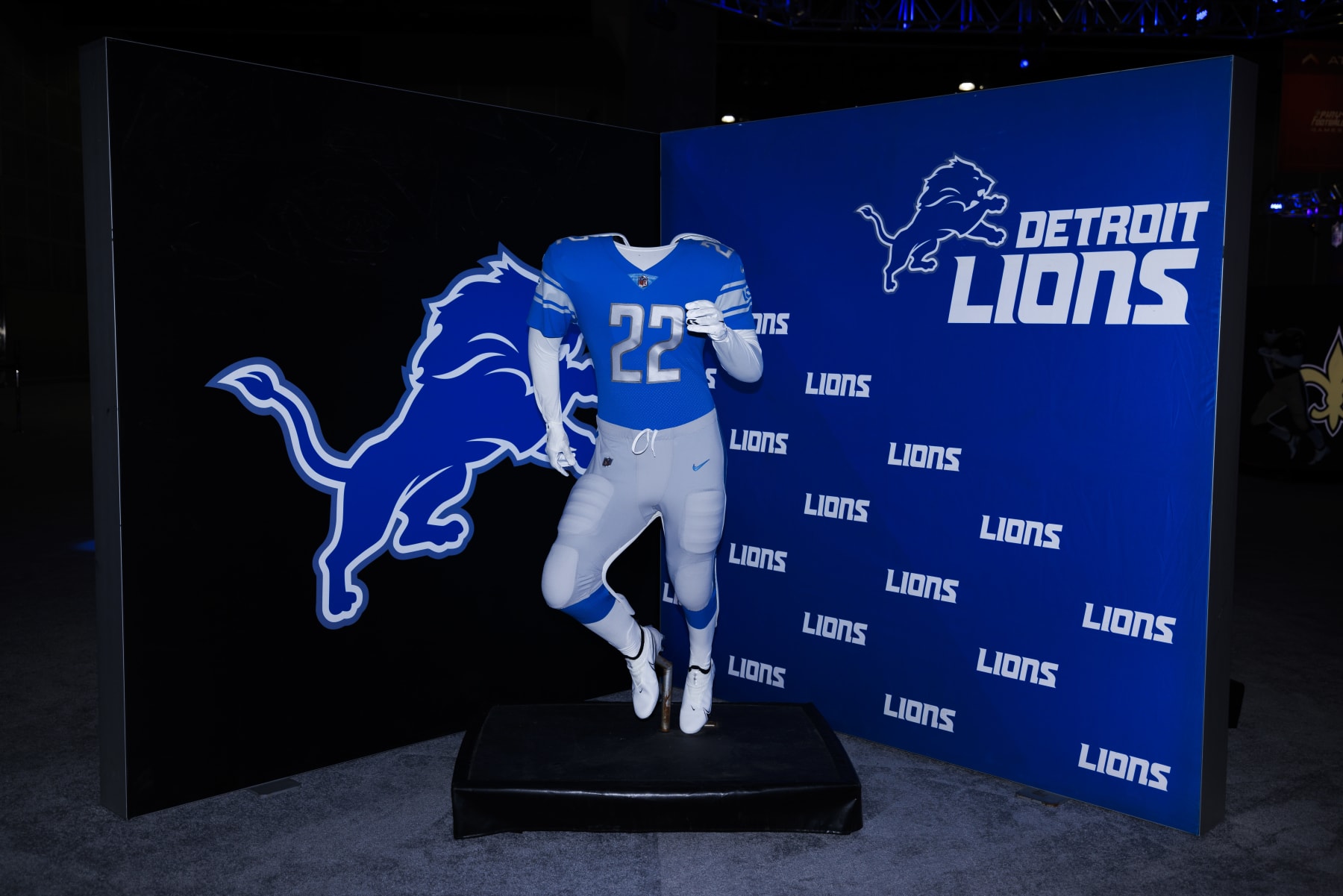 LOS ANGELES, CA - FEBRUARY 08: Detail view of the Detroit Lions uniform and logo seen at the Super Bowl Experience on February 08, 2022, at the Los Angeles Convention Center in Los Angeles, CA. (Photo by Ric Tapia/Icon Sportswire via Getty Images) LOS ANGELES, CA - FEBRUARY 08: Detail view of the Detroit Lions uniform and logo seen at the Super Bowl Experience on February 08, 2022, at the Los Angeles Convention Center in Los Angeles, CA. (Photo by Ric Tapia/Icon Sportswire via Getty Images)