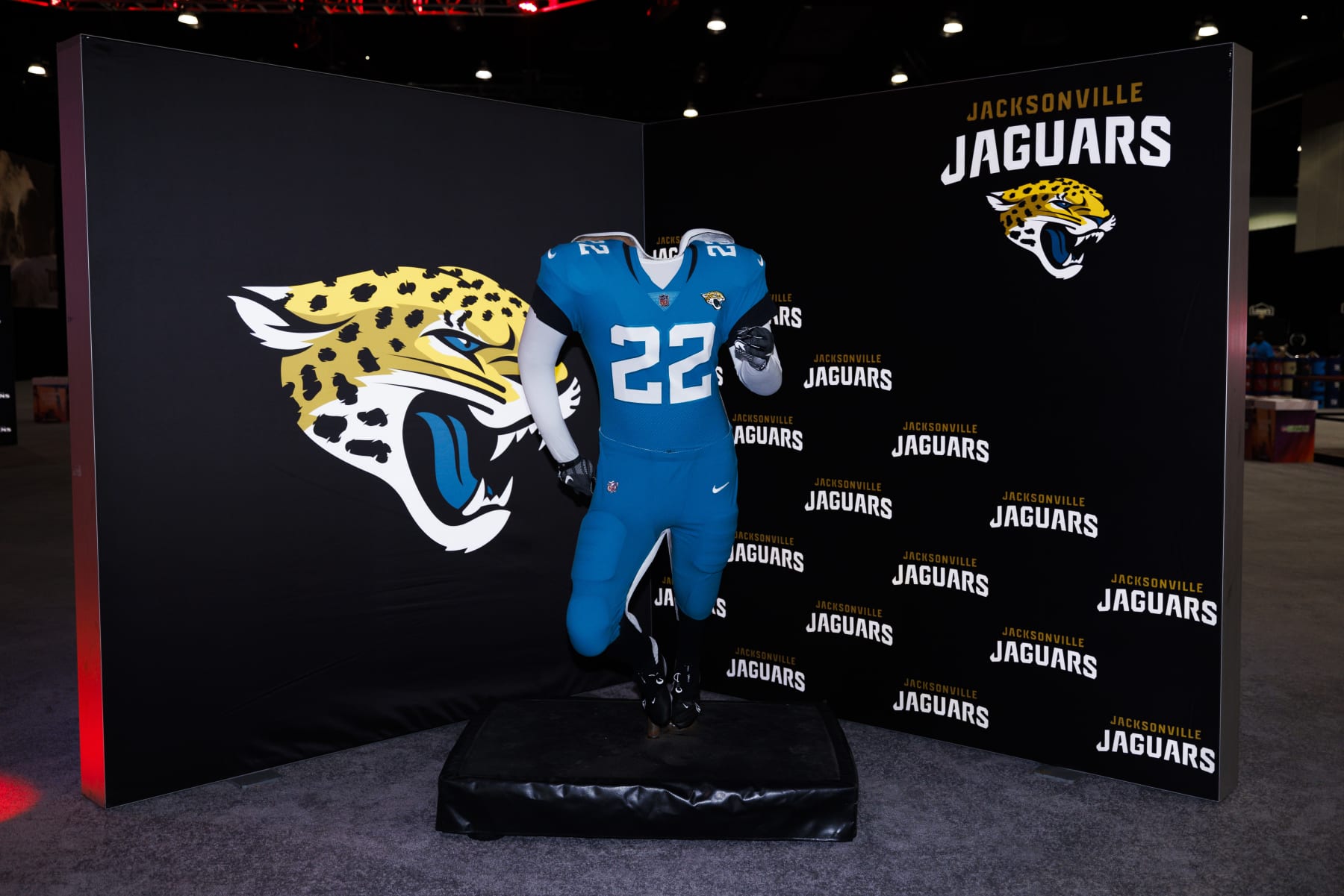 LOS ANGELES, CA - FEBRUARY 08: Detail view of the Jacksonville Jaguars uniform and logo seen at the Super Bowl Experience on February 08, 2022, at the Los Angeles Convention Center in Los Angeles, CA. (Photo by Ric Tapia/Icon Sportswire via Getty Images) LOS ANGELES, CA - FEBRUARY 08: Detail view of the Jacksonville Jaguars uniform and logo seen at the Super Bowl Experience on February 08, 2022, at the Los Angeles Convention Center in Los Angeles, CA. (Photo by Ric Tapia/Icon Sportswire via Getty Images)