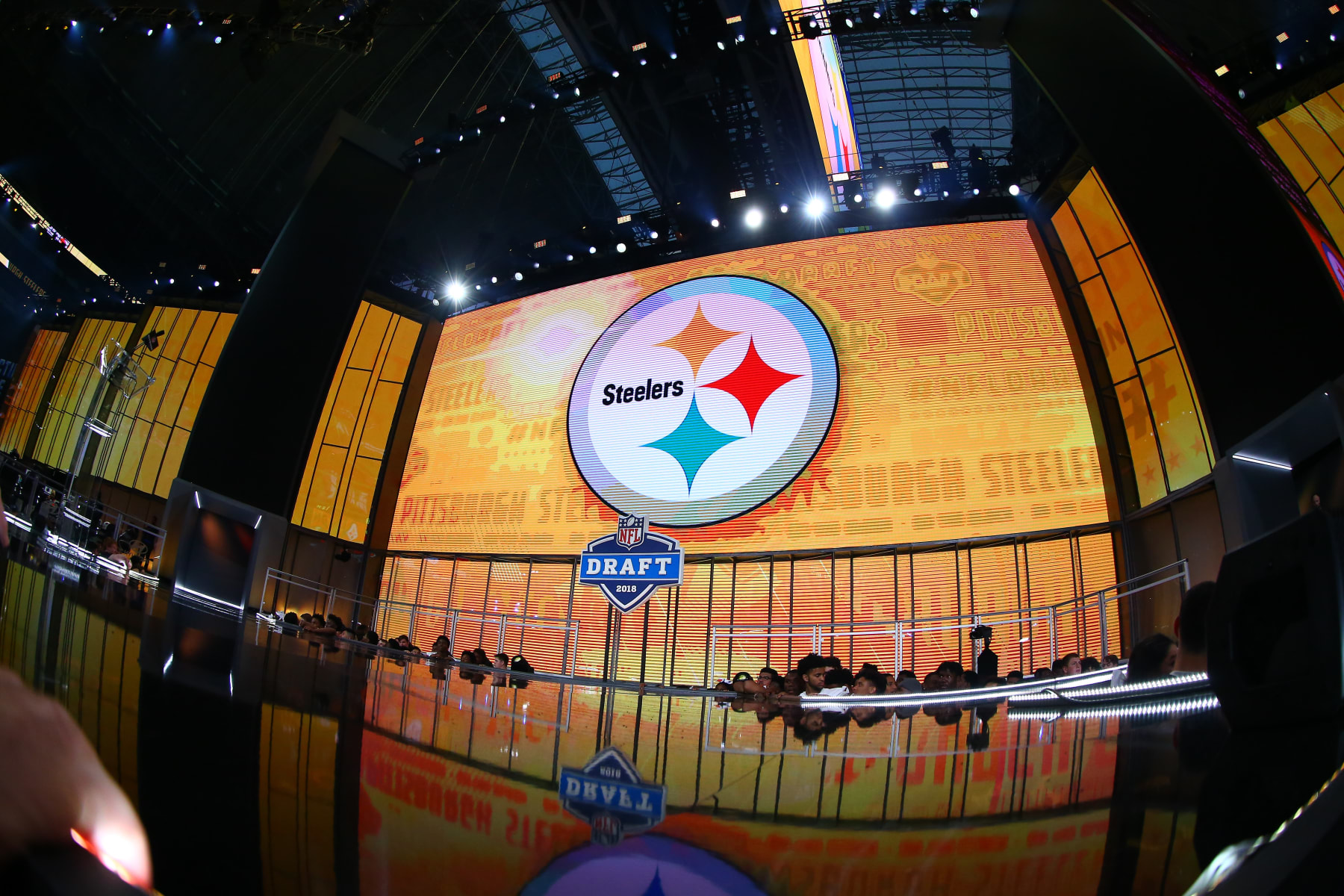 ARLINGTON, TX - APRIL 27: The Pittsburgh Steelers Logo on the video board during the second round of the 2018 NFL Draft on April 27, 2018, at AT&T Stadium in Arlington, TX. (Photo by Rich Graessle/Icon Sportswire via Getty Images) ARLINGTON, TX - APRIL 27: The Pittsburgh Steelers Logo on the video board during the second round of the 2018 NFL Draft on April 27, 2018, at AT&T Stadium in Arlington, TX. (Photo by Rich Graessle/Icon Sportswire via Getty Images)