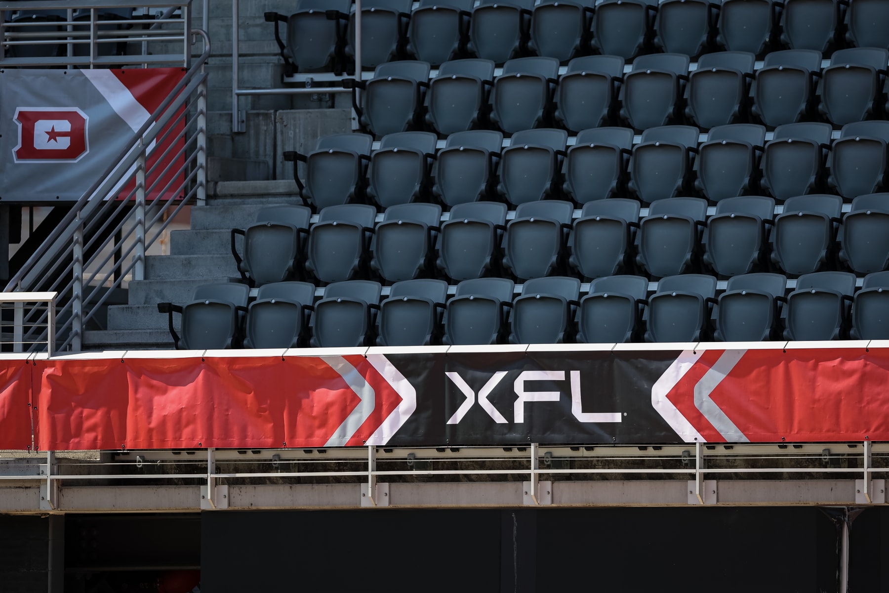 WASHINGTON, DC - MARCH 05: A general view of the XFL logo near an empty section of seats before the game between the DC Defenders and the St Louis Battlehawks at Audi Field on March 5, 2023 in Washington, DC. (Photo by Scott Taetsch/Getty Images)