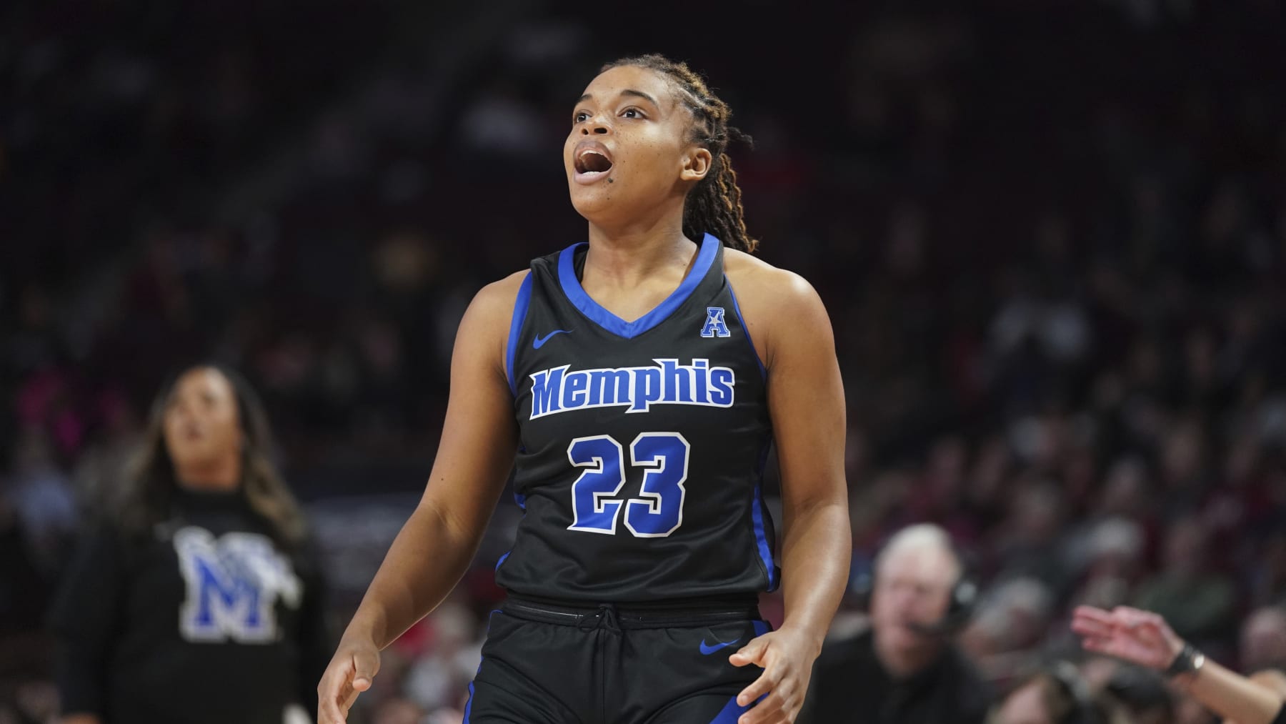 Memphis guard Jamirah Shutes reacts to a play during the second half of an NCAA college basketball game against South Carolina Saturday, Dec. 3, 2022, in Columbia, S.C. South Carolina won 79-54.(AP Photo/Sean Rayford)