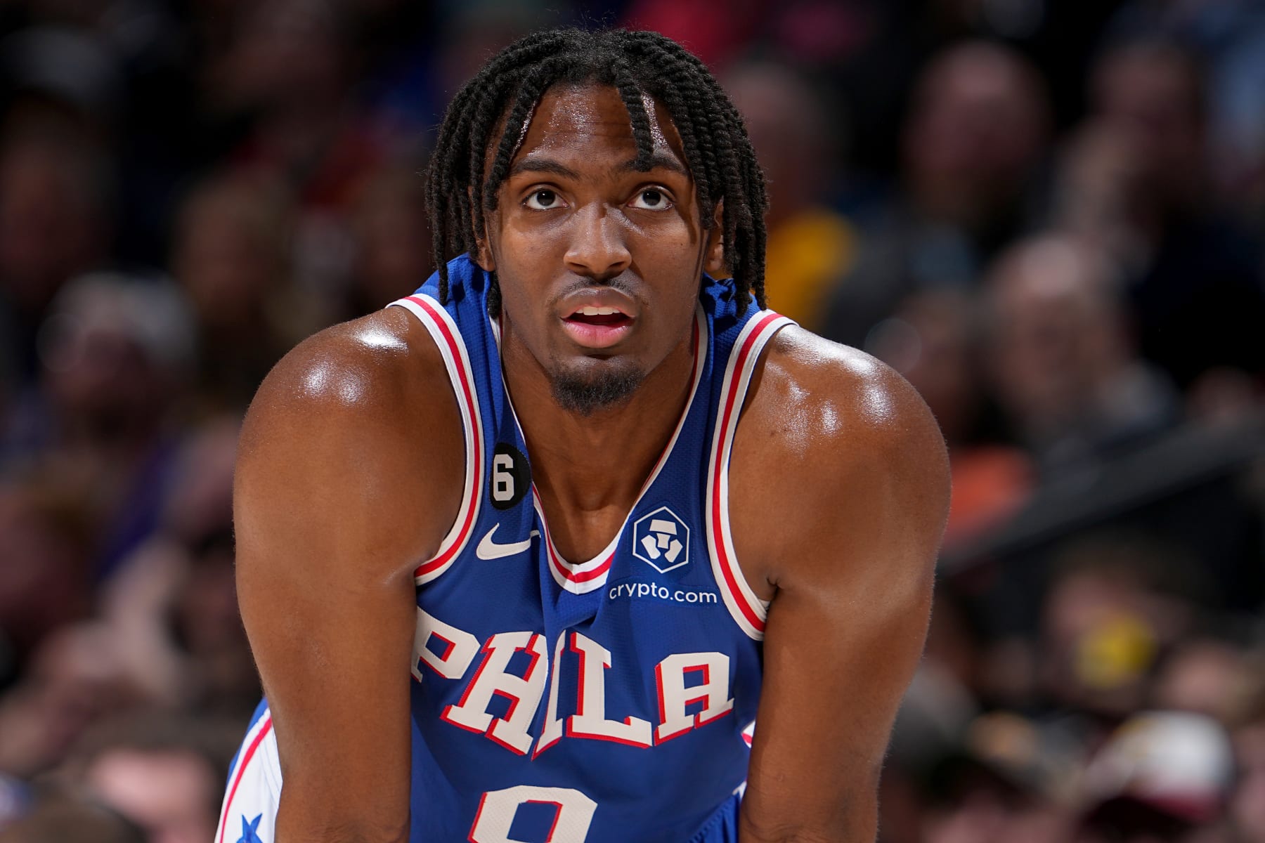 DENVER, CO - MARCH 27: Tyrese Maxey #0 of the Philadelphia 76ers looks on during the game against the Denver Nuggets on March 27, 2023 at the Ball Arena in Denver, Colorado. NOTE TO USER: User expressly acknowledges and agrees that, by downloading and/or using this Photograph, user is consenting to the terms and conditions of the Getty Images License Agreement. Mandatory Copyright Notice: Copyright 2023 NBAE (Photo by Bart Young/NBAE via Getty Images)