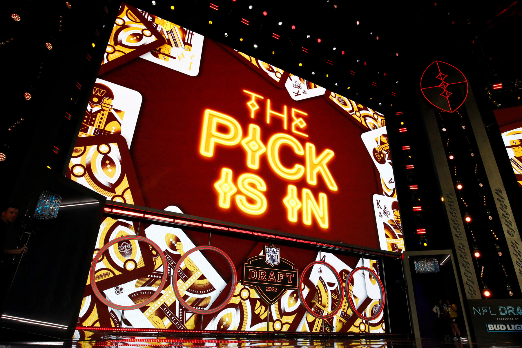 LAS VEGAS, NV - APRIL 28: The Washington Commanders select Jahan Dotson, Penn State (not pictured) with the number 16 pick during the NFL Draft on April 28, 2022 in Las Vegas, Nevada. (Photo by Jeff Speer/Icon Sportswire via Getty Images) LAS VEGAS, NV - APRIL 28: The Washington Commanders select Jahan Dotson, Penn State (not pictured) with the number 16 pick during the NFL Draft on April 28, 2022 in Las Vegas, Nevada. (Photo by Jeff Speer/Icon Sportswire via Getty Images)