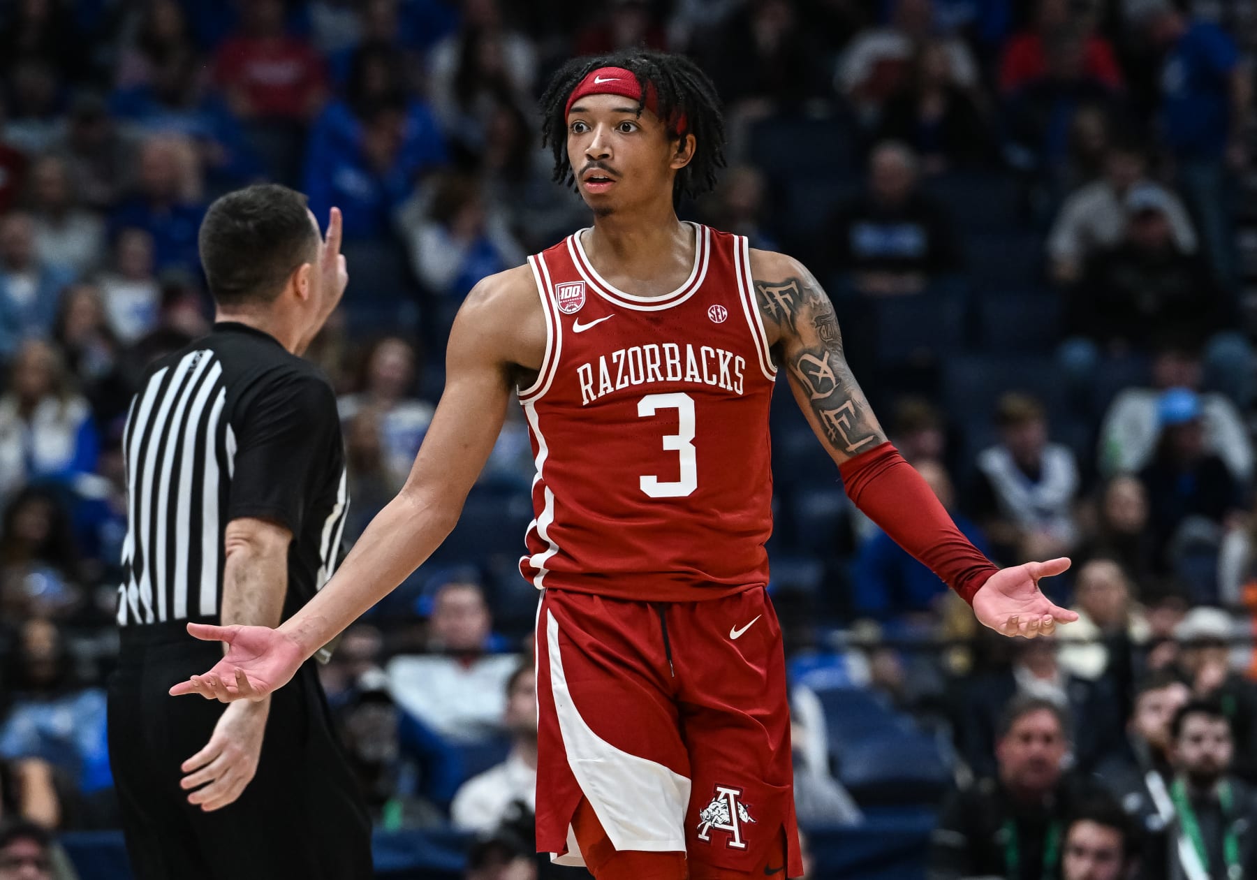 NASHVILLE, TN - MARCH 10: Arkansas Razorbacks guard Nick Smith Jr. (3) reacts to a call during an SEC Mens Basketball Tournament game between the Texas A&M Aggies and the Arkansas Razorbacks on March 10, 2023 at Bridgestone Arena in Nashville, TN. (Photo by Bryan Lynn/Icon Sportswire via Getty Images)