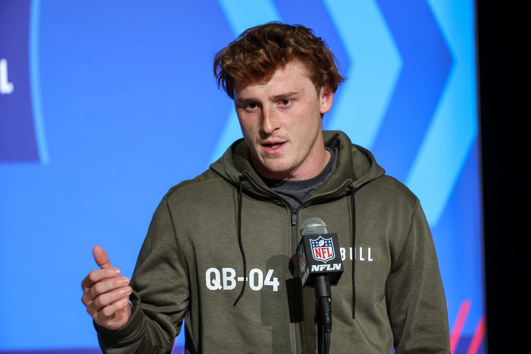 INDIANAPOLIS, IN - MARCH 03: Quarterback Max Duggan of Texas Christian speaks to the media during the NFL Combine at Lucas Oil Stadium on March 3, 2023 in Indianapolis, Indiana. (Photo by Michael Hickey/Getty Images)