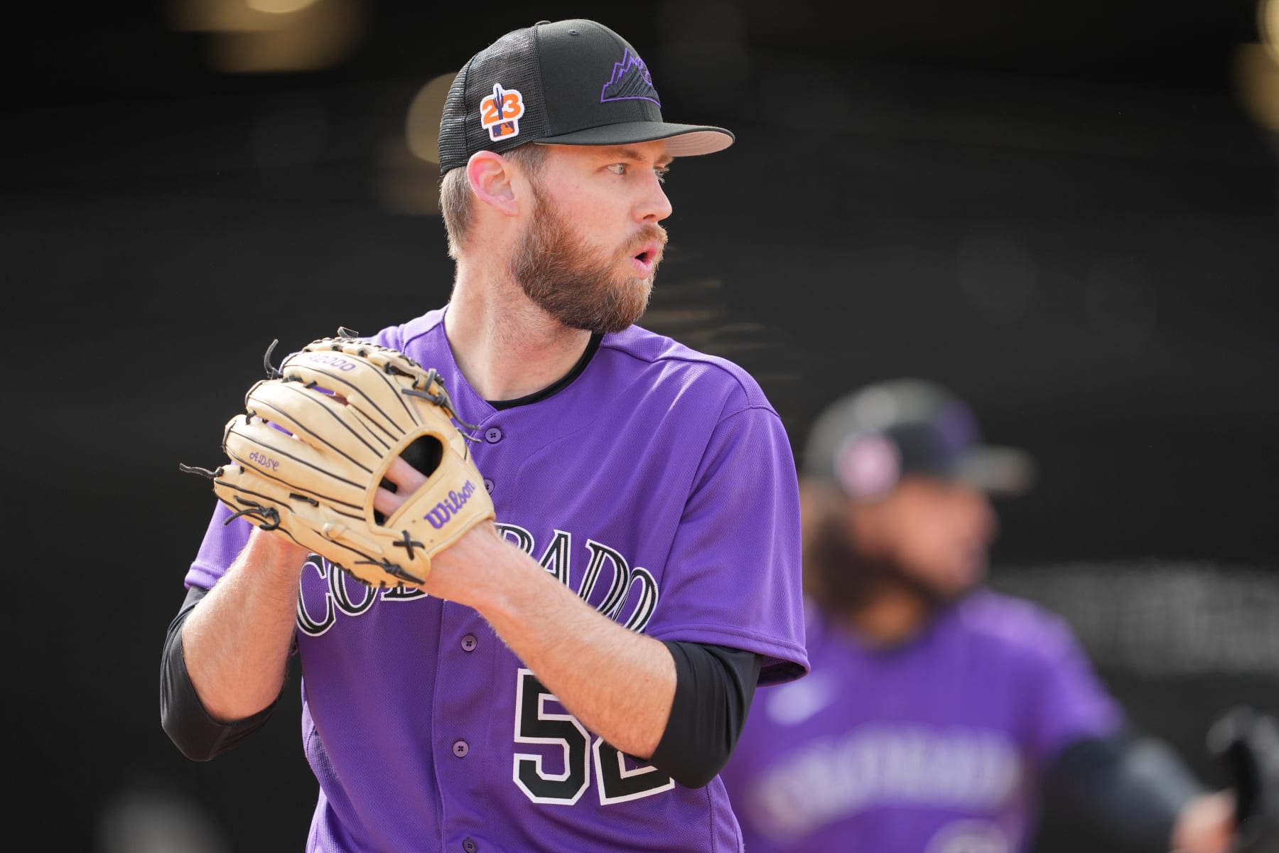 SCOTTSDALE, AZ - FEBRUARY 17: Daniel Bard #52 of the Colorado Rockies throws a bullpen at Salt River Fields at Talking Stick on February 17, 2023 in Scottsdale, Arizona. (Photo by Kyle Cooper/Colorado Rockies/Getty Images)