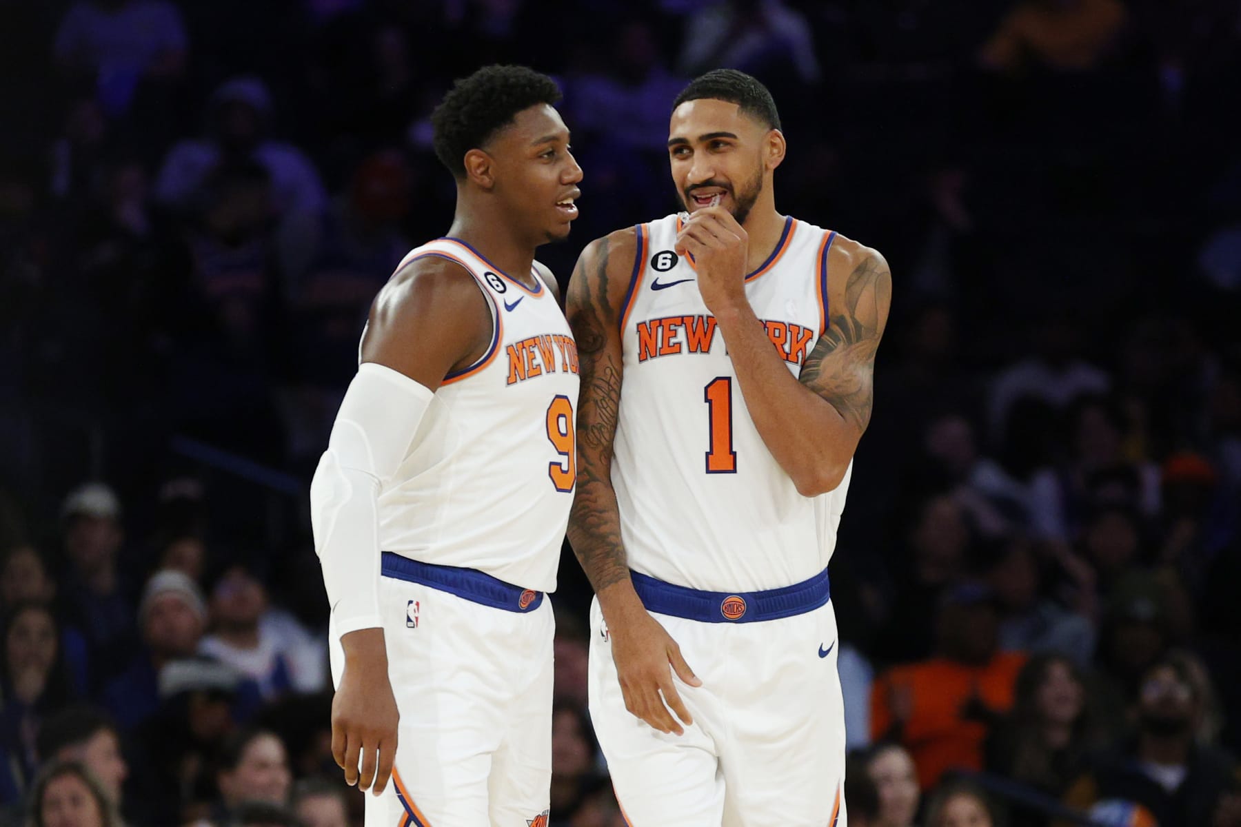 NEW YORK, NEW YORK - OCTOBER 04: RJ Barrett #9 talks with Obi Toppin #1 of the New York Knicks during the second half against the Detroit Pistons at Madison Square Garden on October 04, 2022 in New York City. NOTE TO USER: User expressly acknowledges and agrees that, by downloading and or using this photograph, User is consenting to the terms and conditions of the Getty Images License Agreement. (Photo by Sarah Stier/Getty Images) NEW YORK, NEW YORK - OCTOBER 04: RJ Barrett #9 talks with Obi Toppin #1 of the New York Knicks during the second half against the Detroit Pistons at Madison Square Garden on October 04, 2022 in New York City. NOTE TO USER: User expressly acknowledges and agrees that, by downloading and or using this photograph, User is consenting to the terms and conditions of the Getty Images License Agreement. (Photo by Sarah Stier/Getty Images)