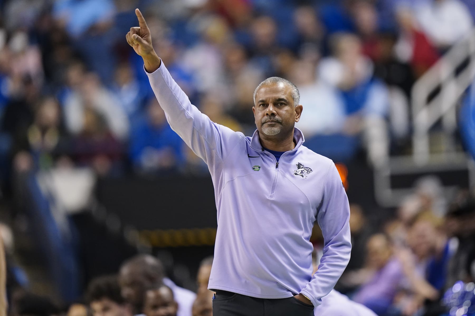 GREENSBORO, NORTH CAROLINA - MARCH 19: Head coach Jerome Tang of the Kansas State Wildcats reacts during the first half against the Kentucky Wildcats in the second round of the NCAA Men's Basketball Tournament at The Fieldhouse at Greensboro Coliseum on March 19, 2023 in Greensboro, North Carolina. (Photo by Jacob Kupferman/Getty Images)