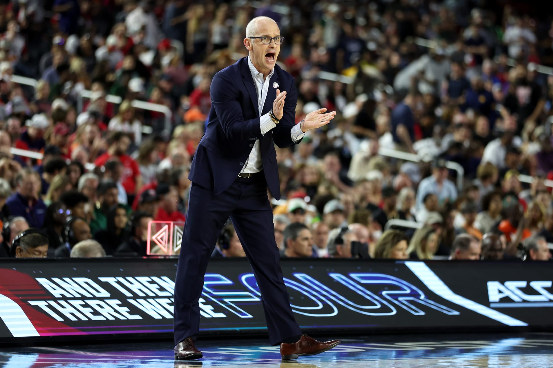 HOUSTON, TEXAS - APRIL 01: Head coach Dan Hurley of the Connecticut Huskies reacts during the first half against the Miami Hurricanes during the NCAA Men's Basketball Tournament Final Four semifinal game at NRG Stadium on April 01, 2023 in Houston, Texas. (Photo by Gregory Shamus/Getty Images)