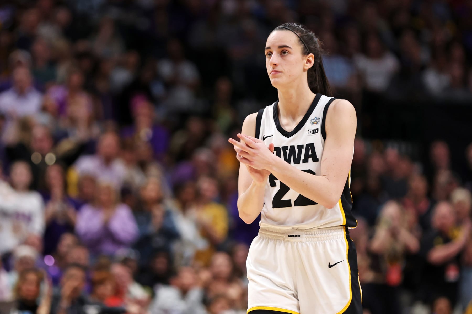 DALLAS, TEXAS - APRIL 02: Caitlin Clark #22 of the Iowa Hawkeyes reacts during the third quarter against the LSU Lady Tigers during the 2023 NCAA Women's Basketball Tournament championship game at American Airlines Center on April 02, 2023 in Dallas, Texas. (Photo by Maddie Meyer/Getty Images)